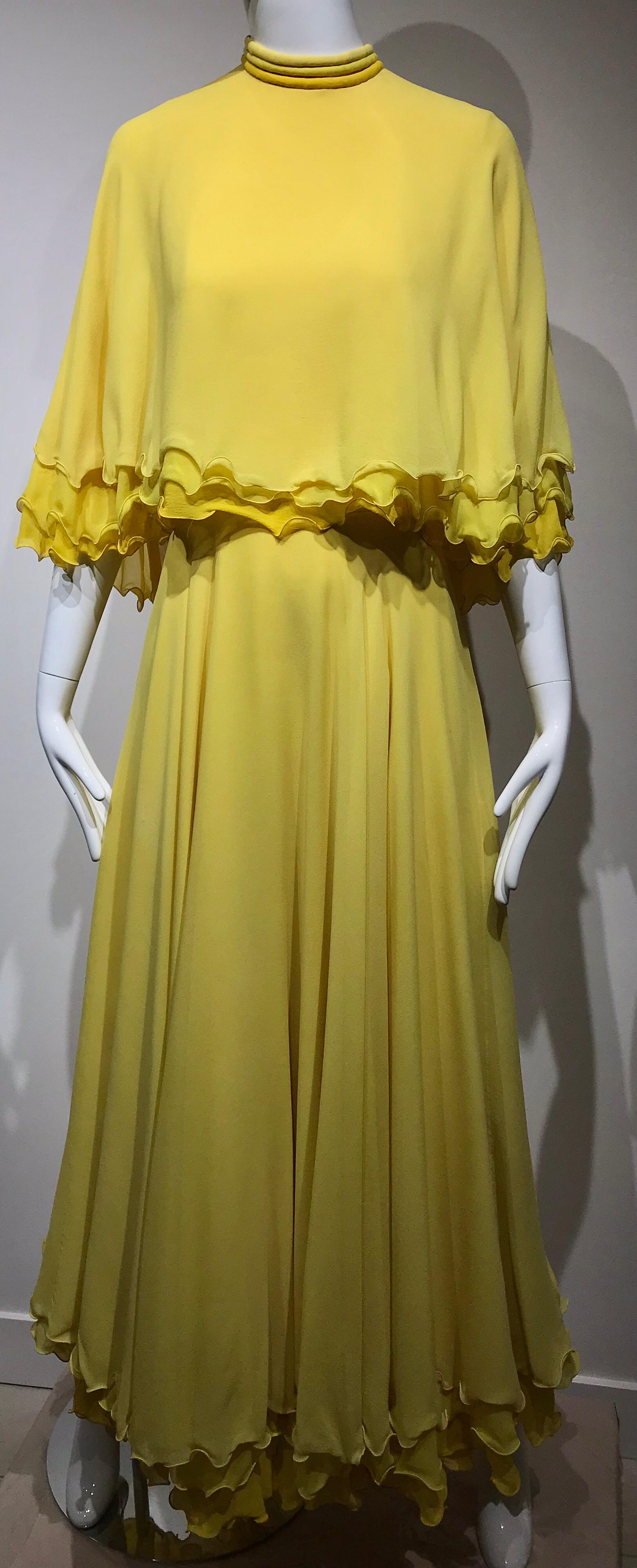 Beautiful 1970s La Mendola - Italy 3 layers silk chiffon yellow dress. 
Size: small ( fit 0/2/4 ) US size
Measurement: 
Bust: 34 inches/ Waist 25 inches/ Dress length : 53 inches
Dress has been professionally dry cleaned but there is still small