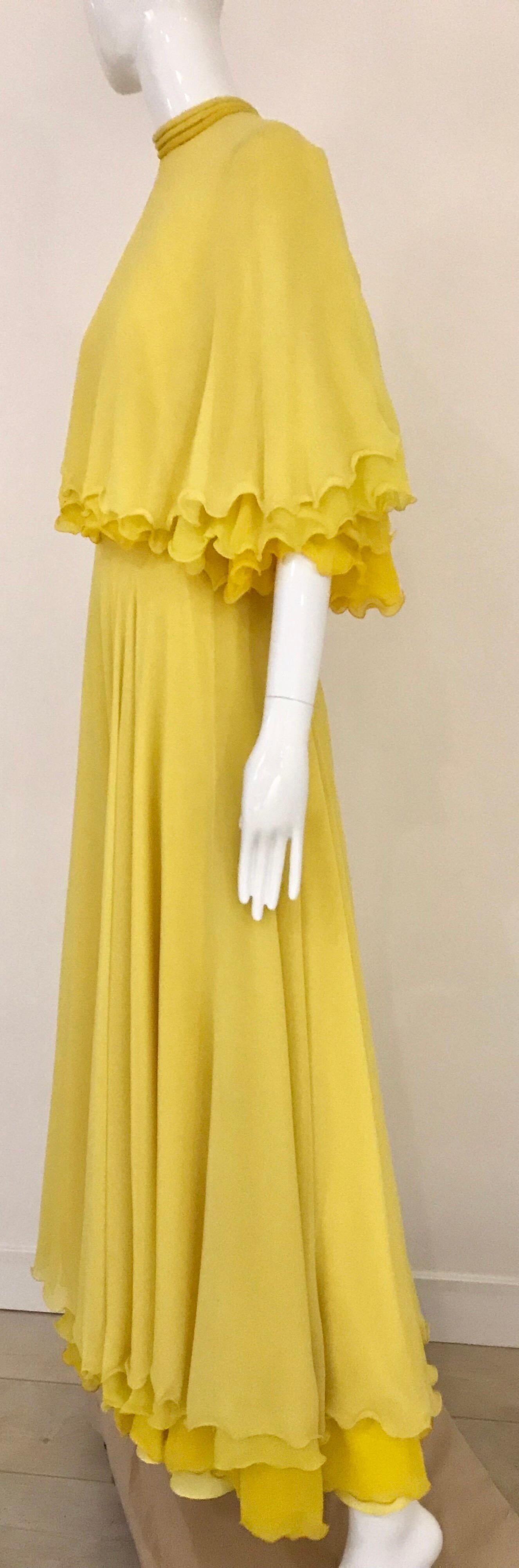1970s Yellow La Mendola Italy Silk Chiffon Gown 1