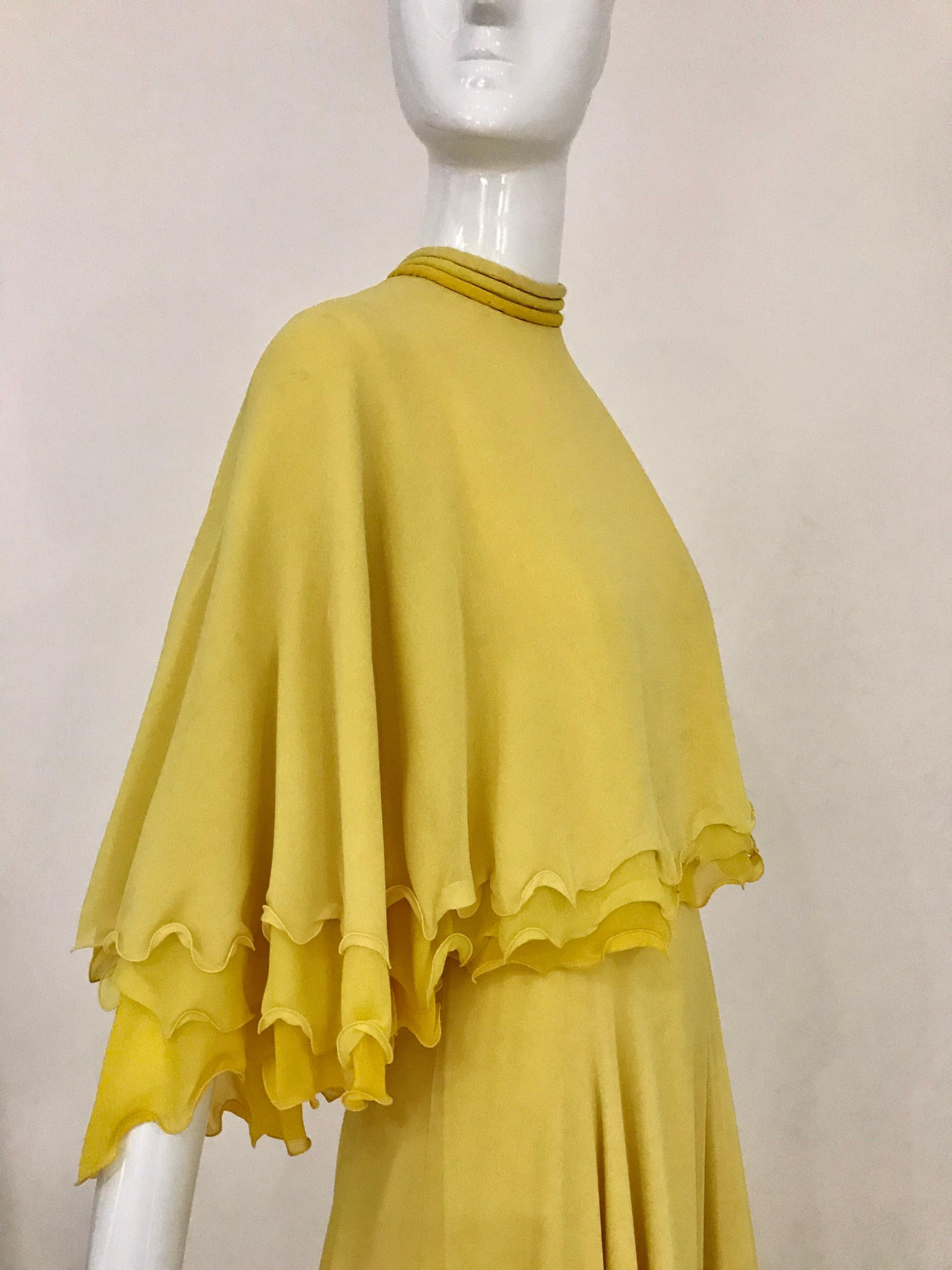 1970s Yellow La Mendola Italy Silk Chiffon Gown 2