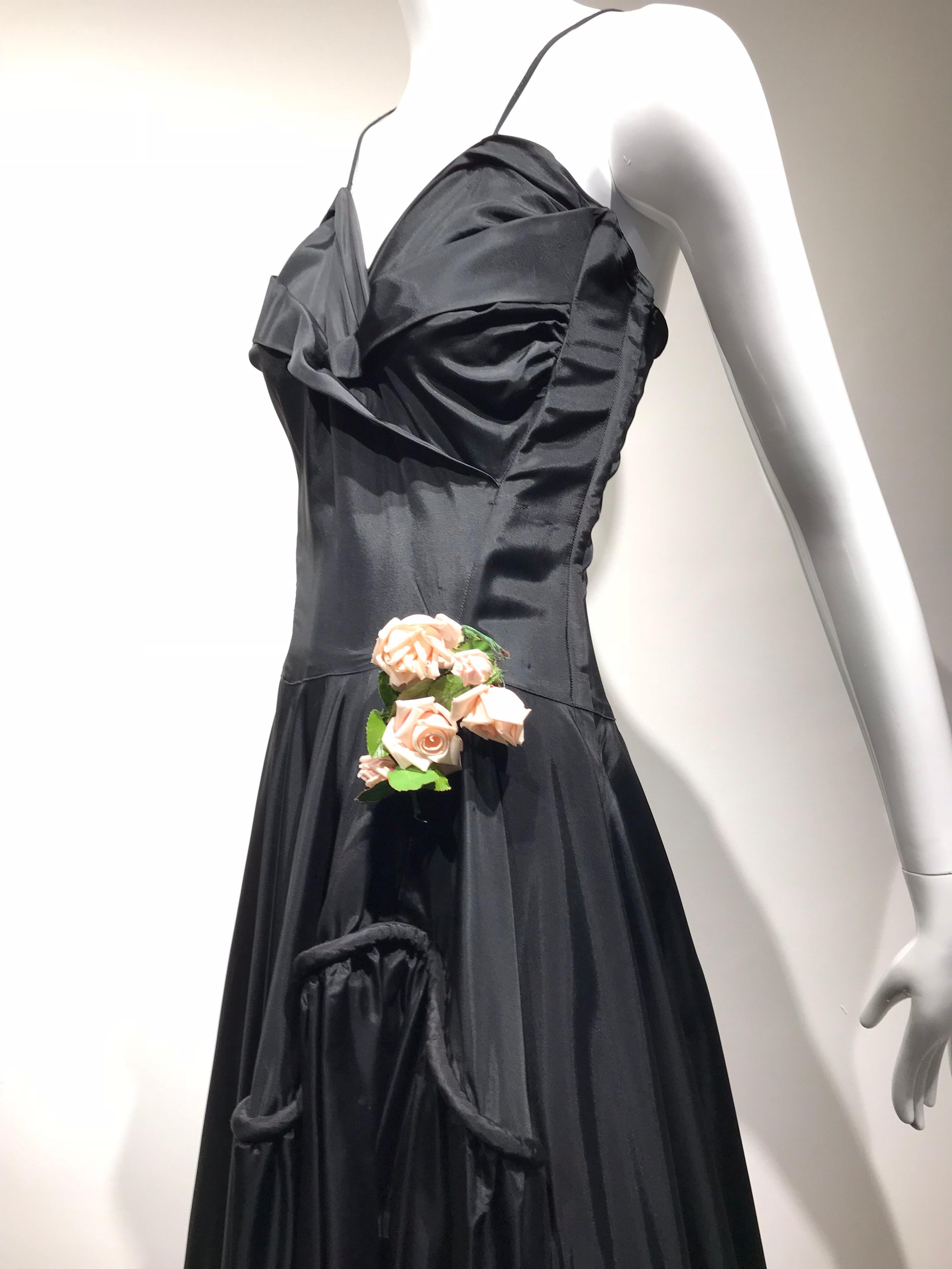 1930s Black Tafetta Spaghetti Strap Dress with Rosè Appliqué  In Good Condition In Beverly Hills, CA