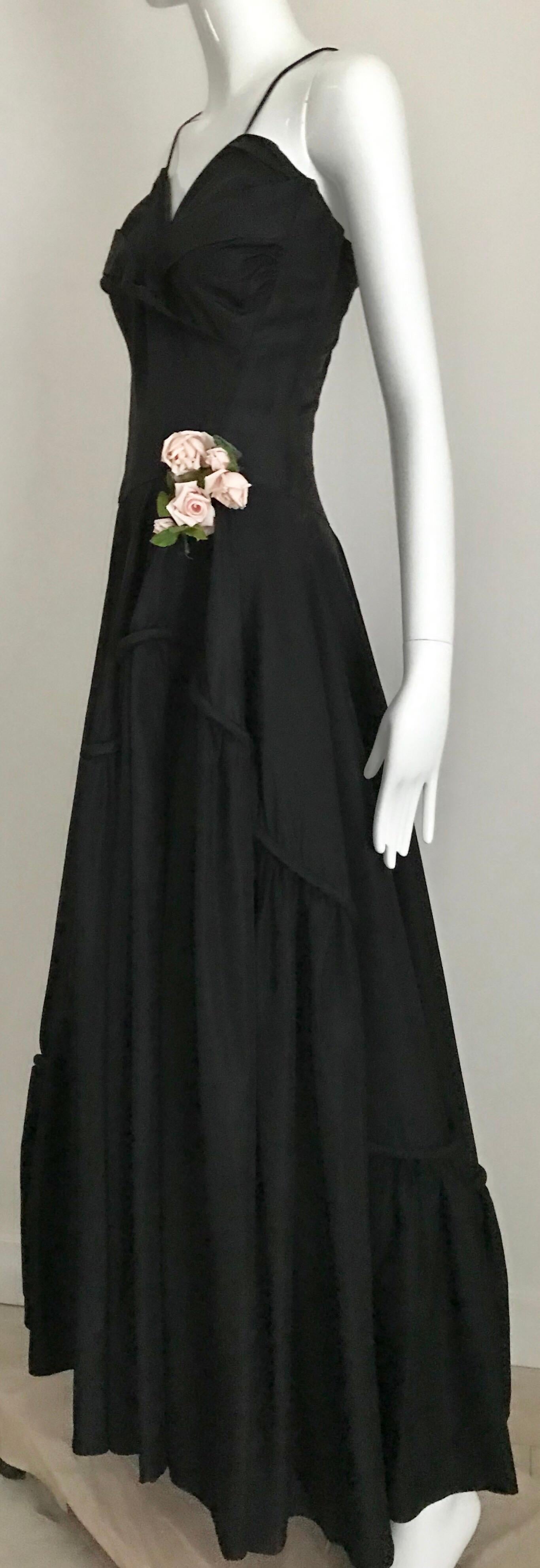 1930s Black Tafetta Spaghetti Strap Dress with Rosè Appliqué  10