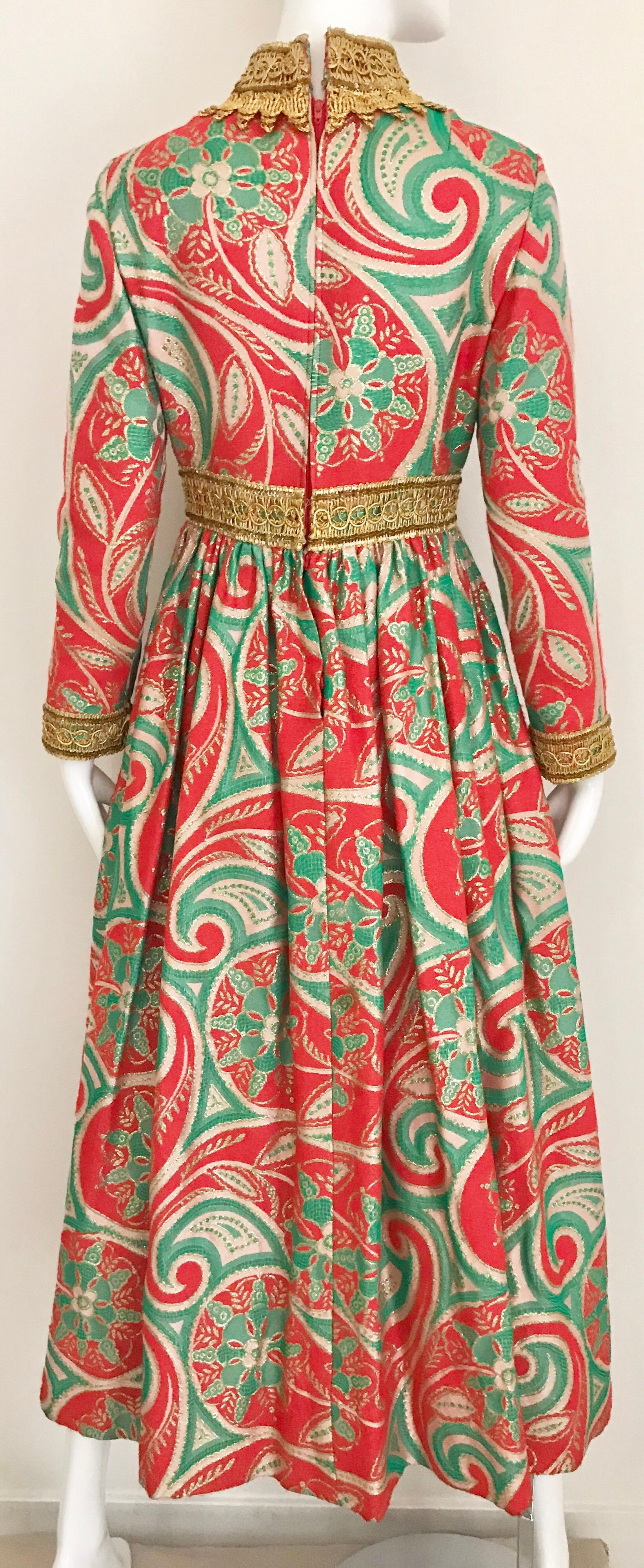 Women's Vintage Oscar De La Renta Red and Green Brocade Dress