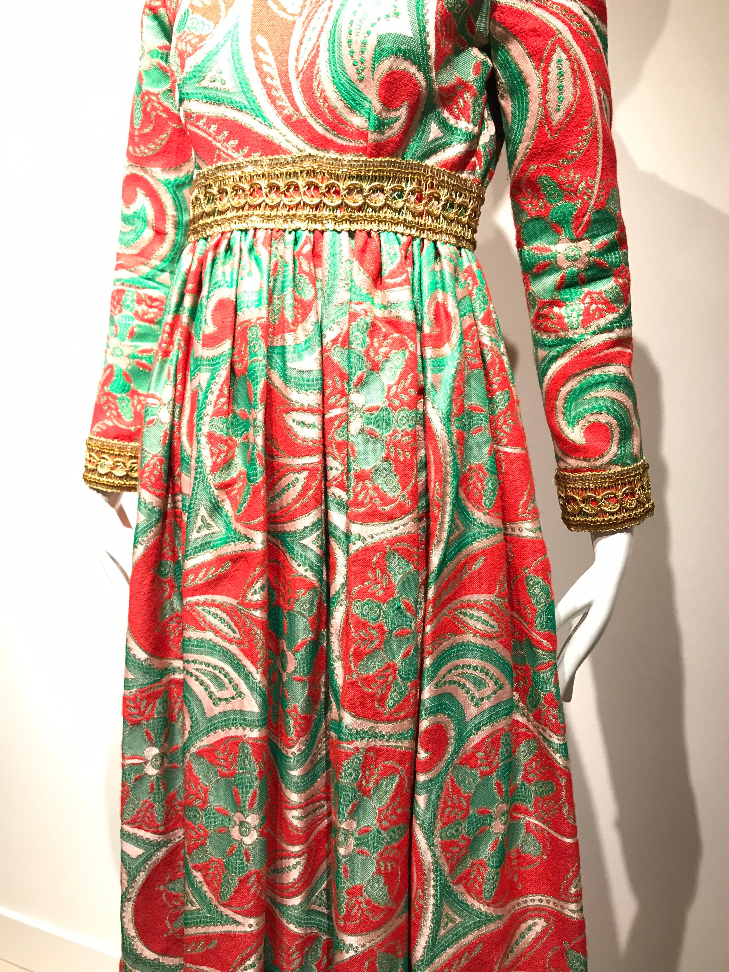 Vintage Oscar De La Renta Red and Green Brocade Dress 1