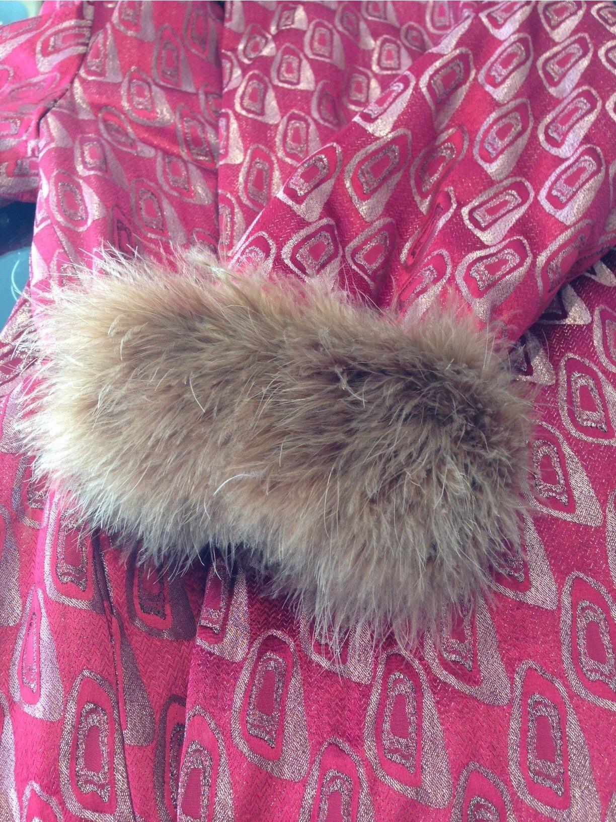 Vintage Jean Paul Gaultier Red and Gold Metallic Silk Brocade coat with Ostrich In Excellent Condition For Sale In Beverly Hills, CA