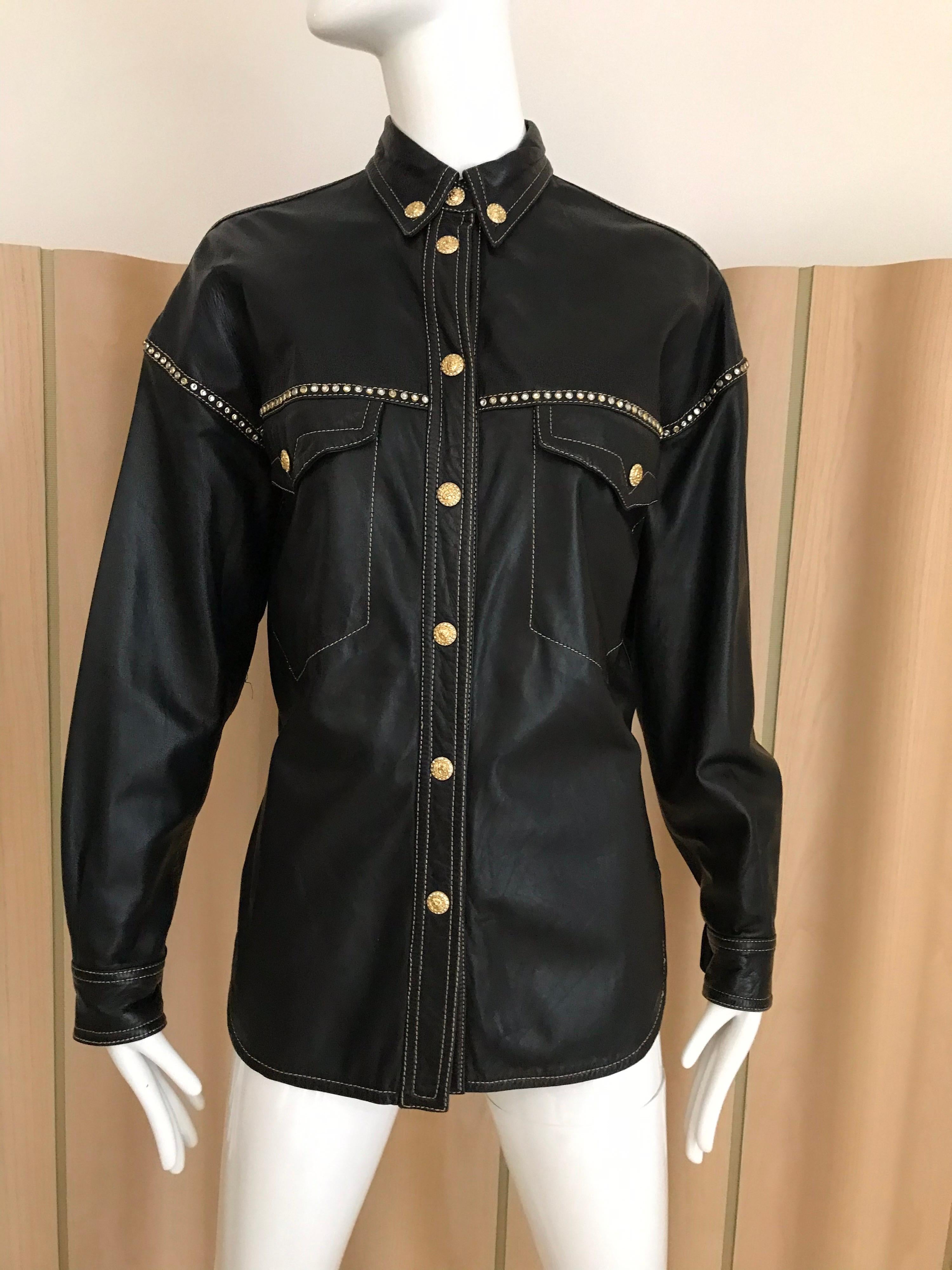 Black 90s Gianni Versace black leather western shirt