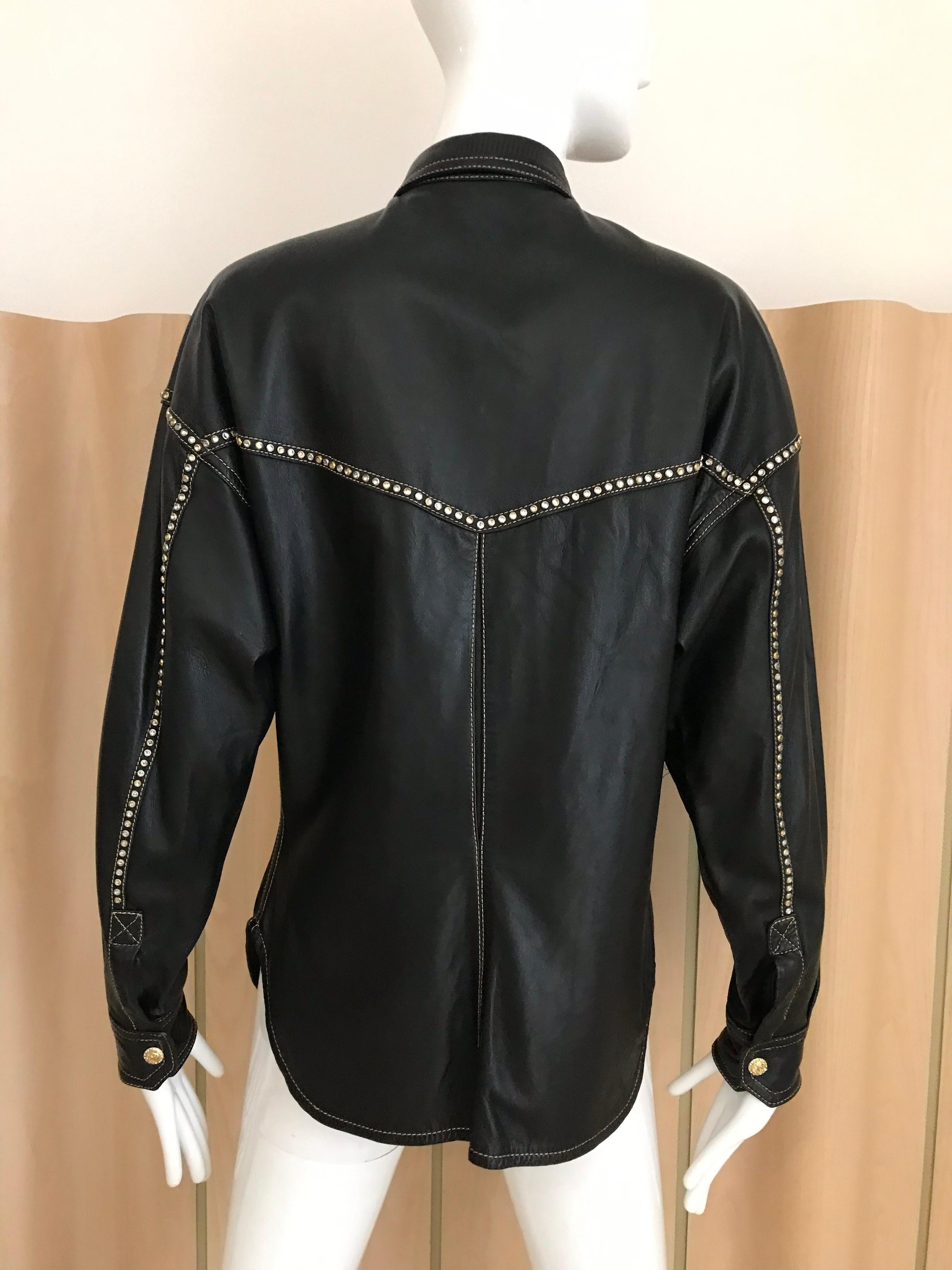 90s Gianni Versace black leather western shirt In Good Condition In Beverly Hills, CA