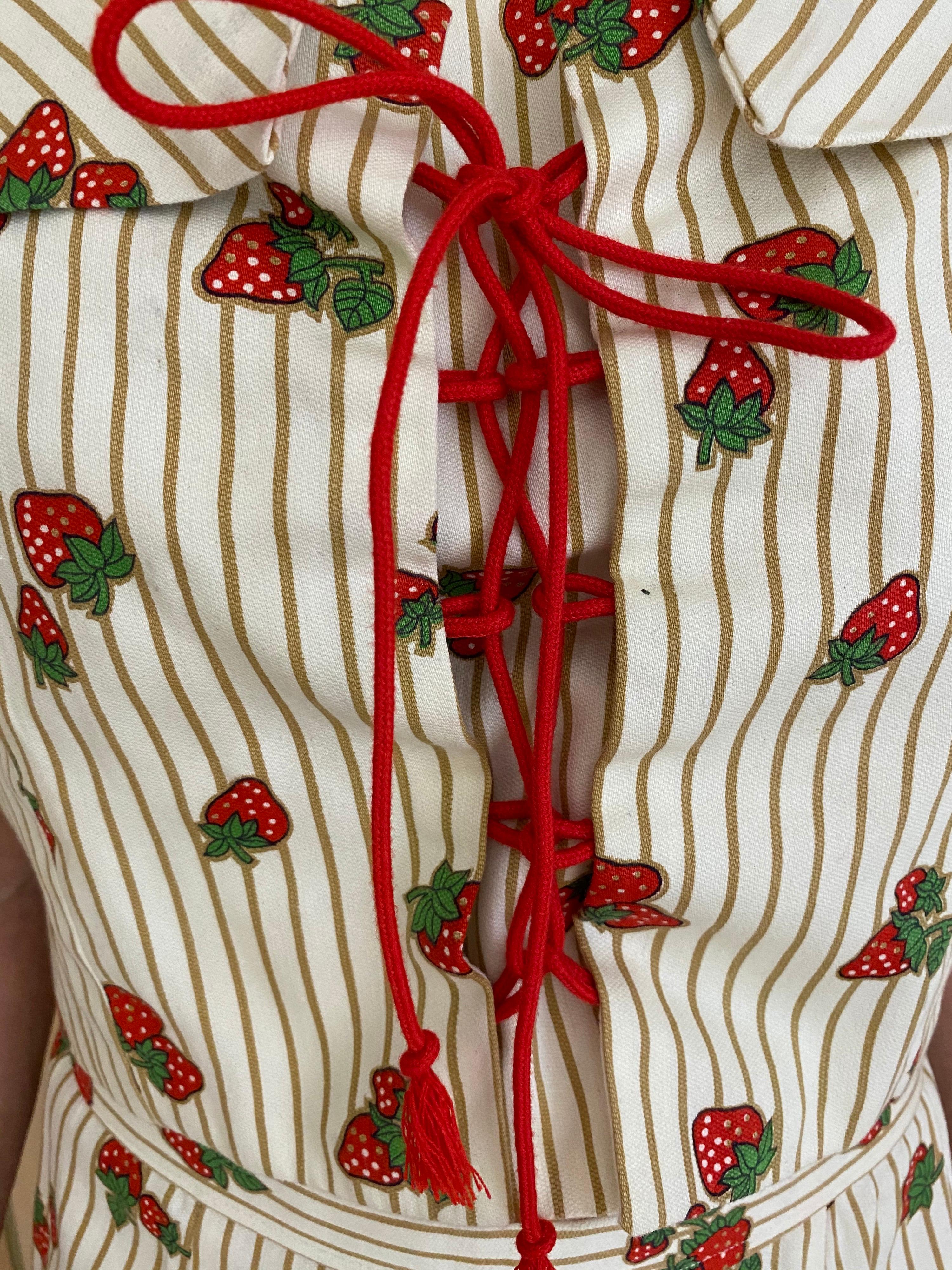 Beige Vintage 1970s Strawberry Print Cotton Crop Top Bustier and Pant Set 