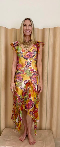 Christian Dior Vintage yellow silk floral print bias cut dress