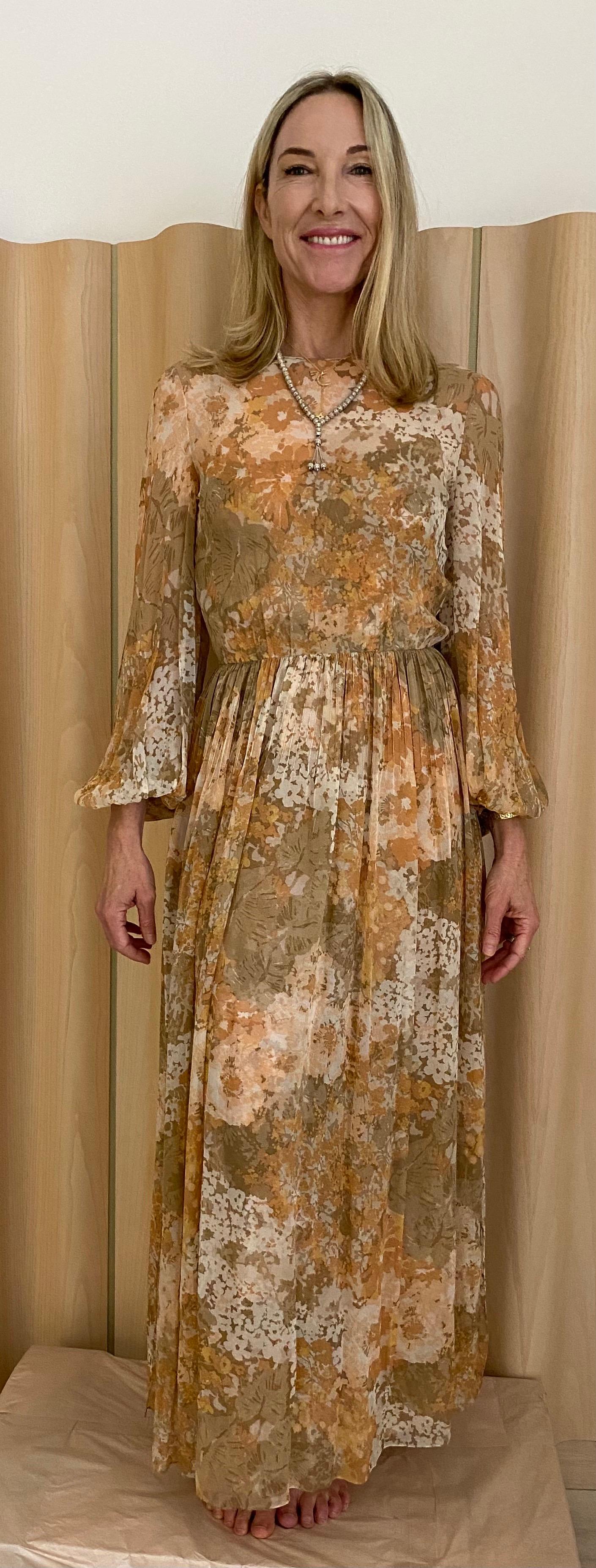 1970s Bill Blass Silk Crepe Floral Print Long Sleeve Maxi Dress 2