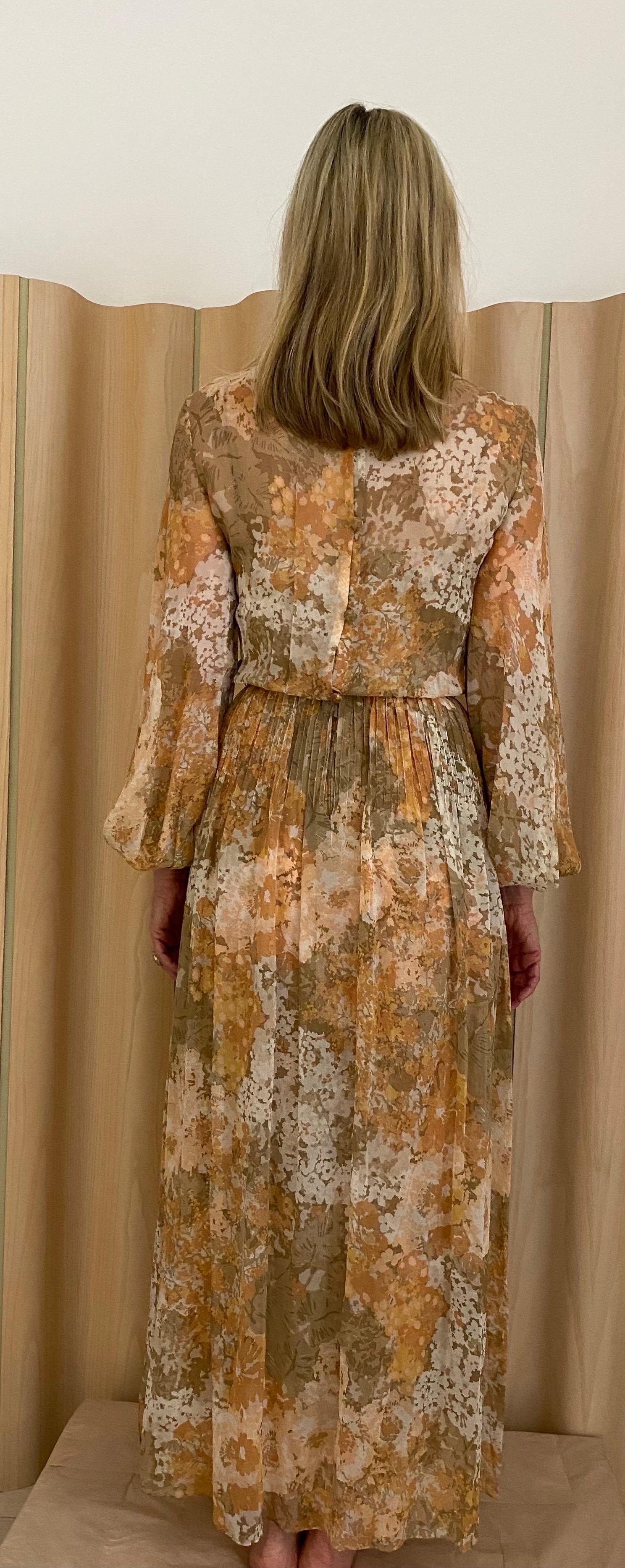 1970s Bill Blass Silk Crepe Floral Print Long Sleeve Maxi Dress 4