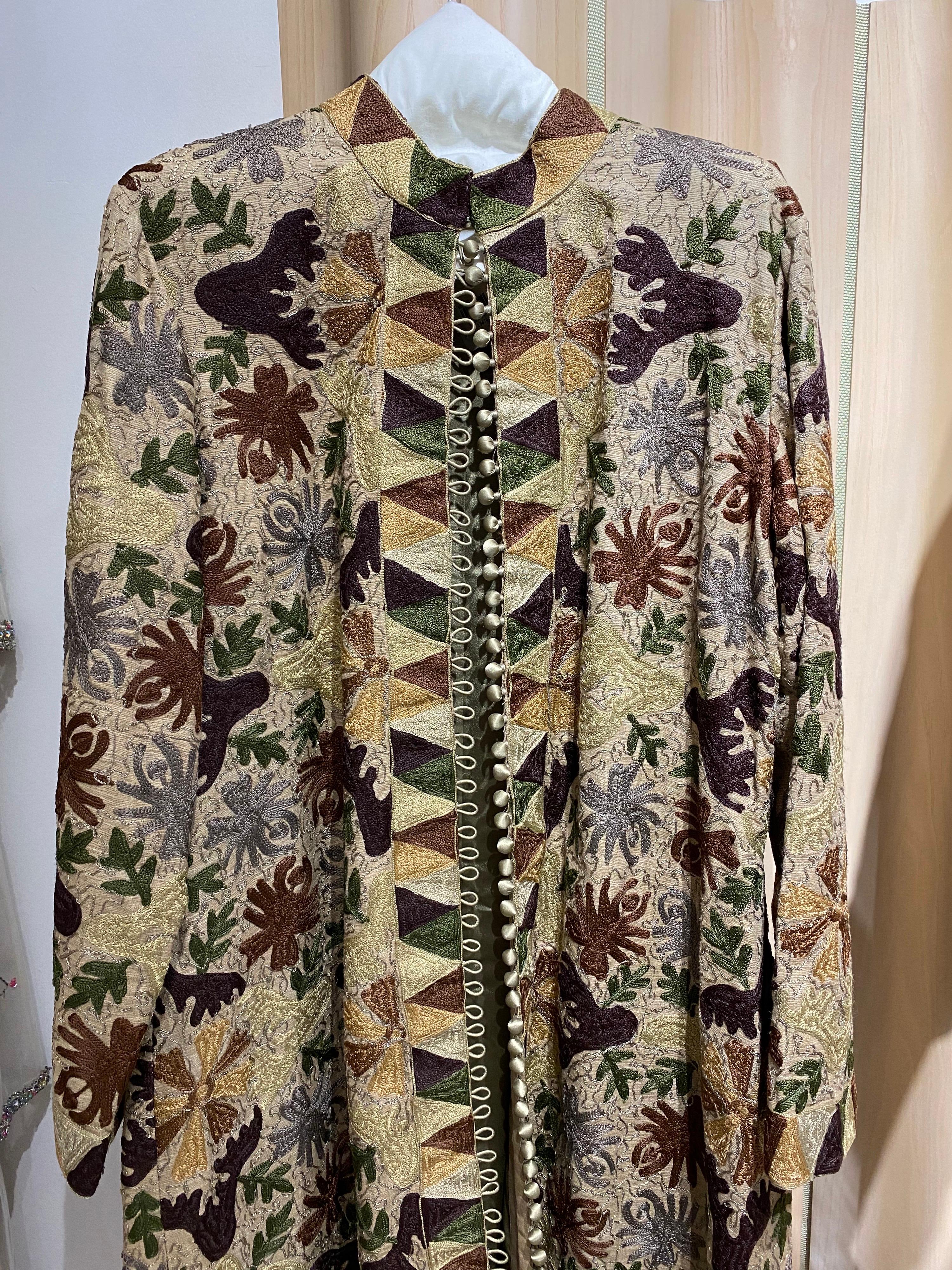 Women's  Vintage Taupe, Brown and Green Embroidered coat