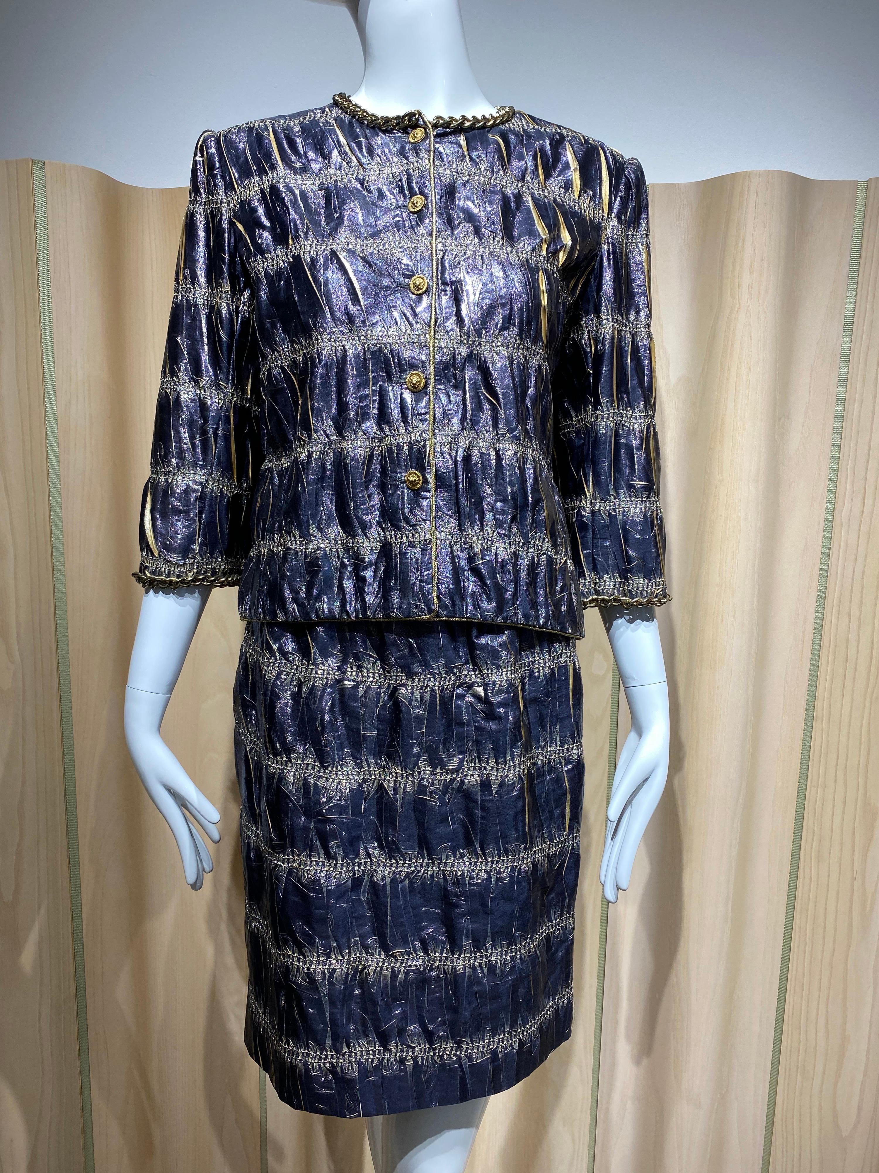 Vintage 1970s CHANEL Blue and Gold Silk Jacket and Skirt Ensemble  1