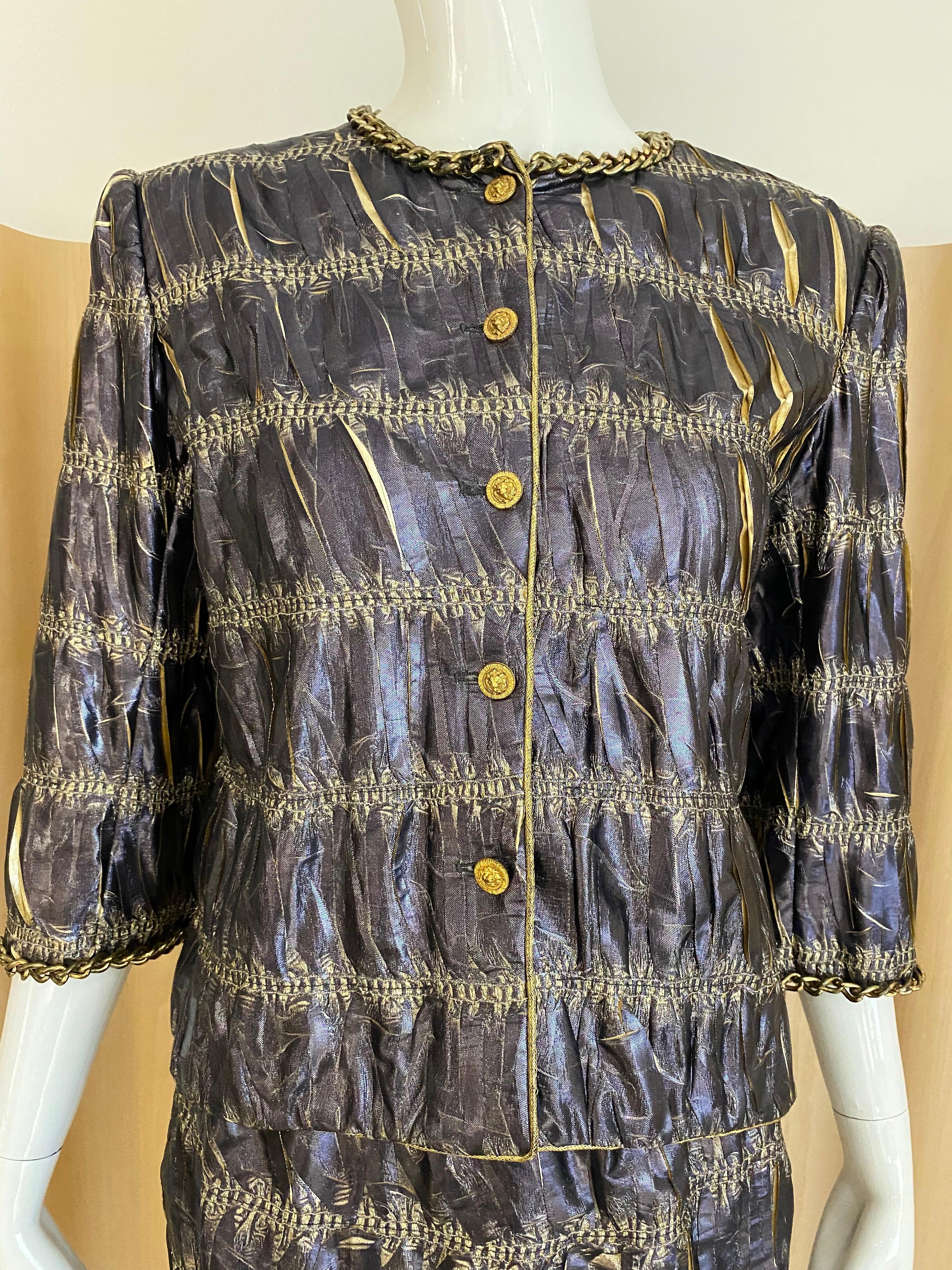 Vintage 1970s CHANEL Blue and Gold Silk Jacket and Skirt Ensemble  4