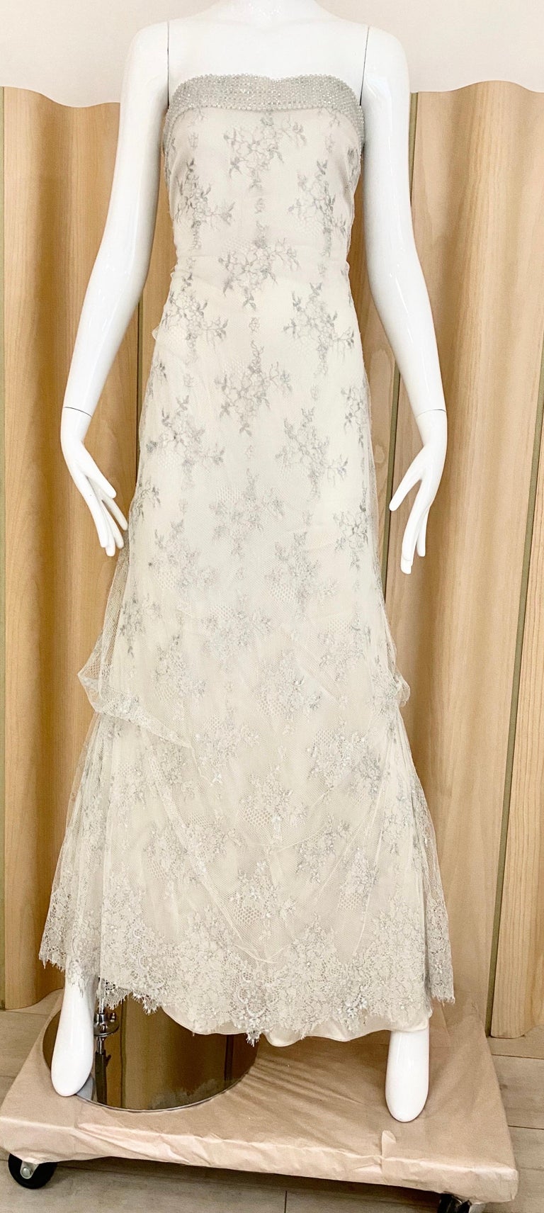 Giorgio Armani Strapless White and Silver Lace Gown For Sale 9