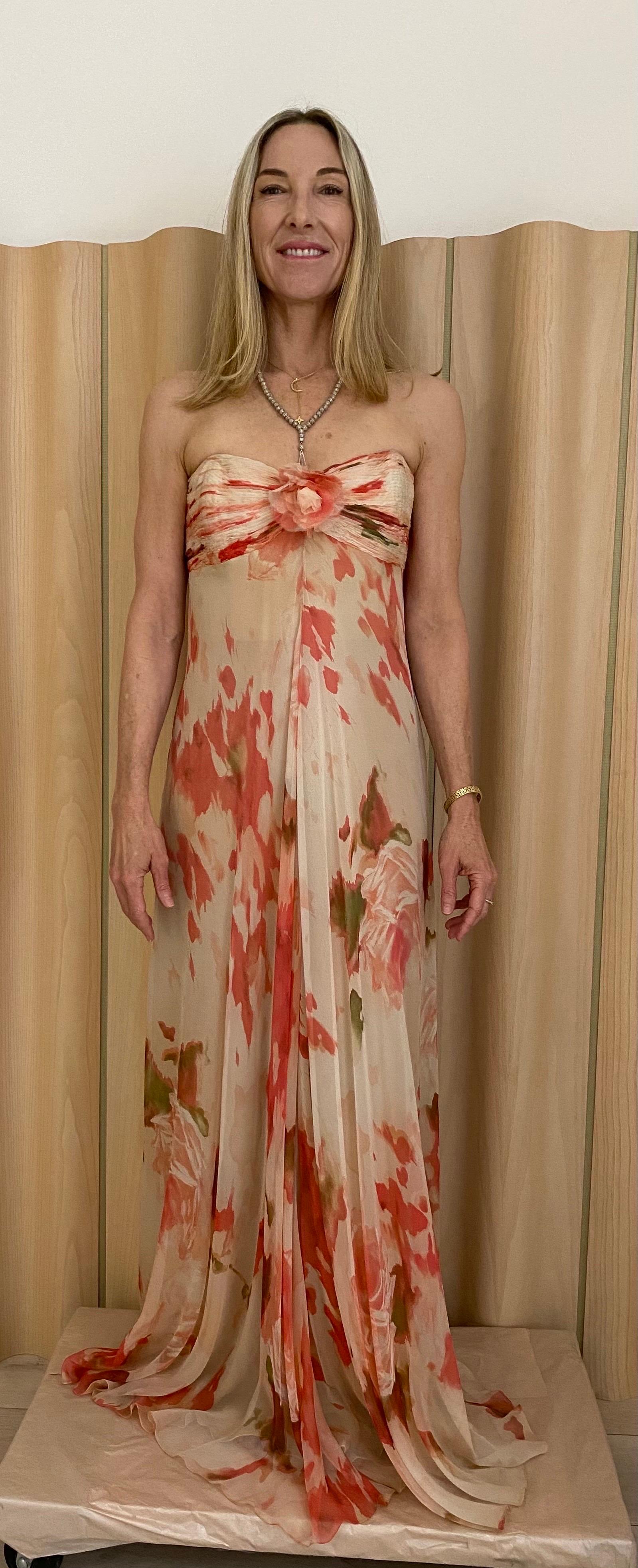 Brown 1990s Bill Blass Peach Water Color Floral Print Strapless Flowy Silk Dress For Sale