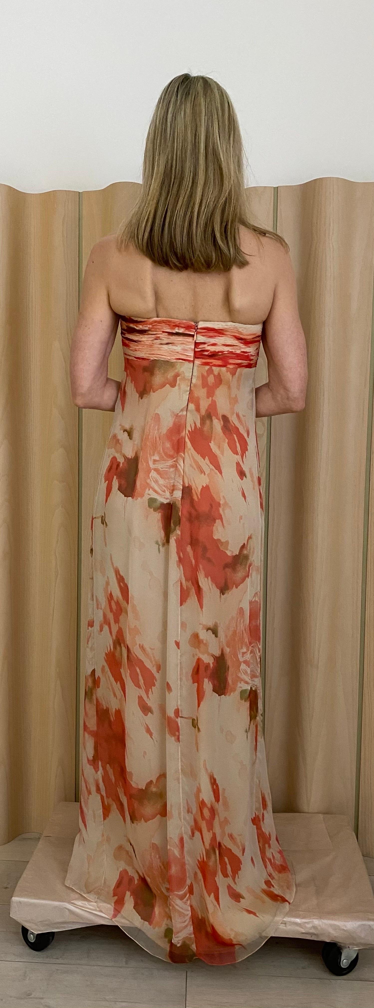 1990s Bill Blass Peach Water Color Floral Print Strapless Flowy Silk Dress For Sale 1