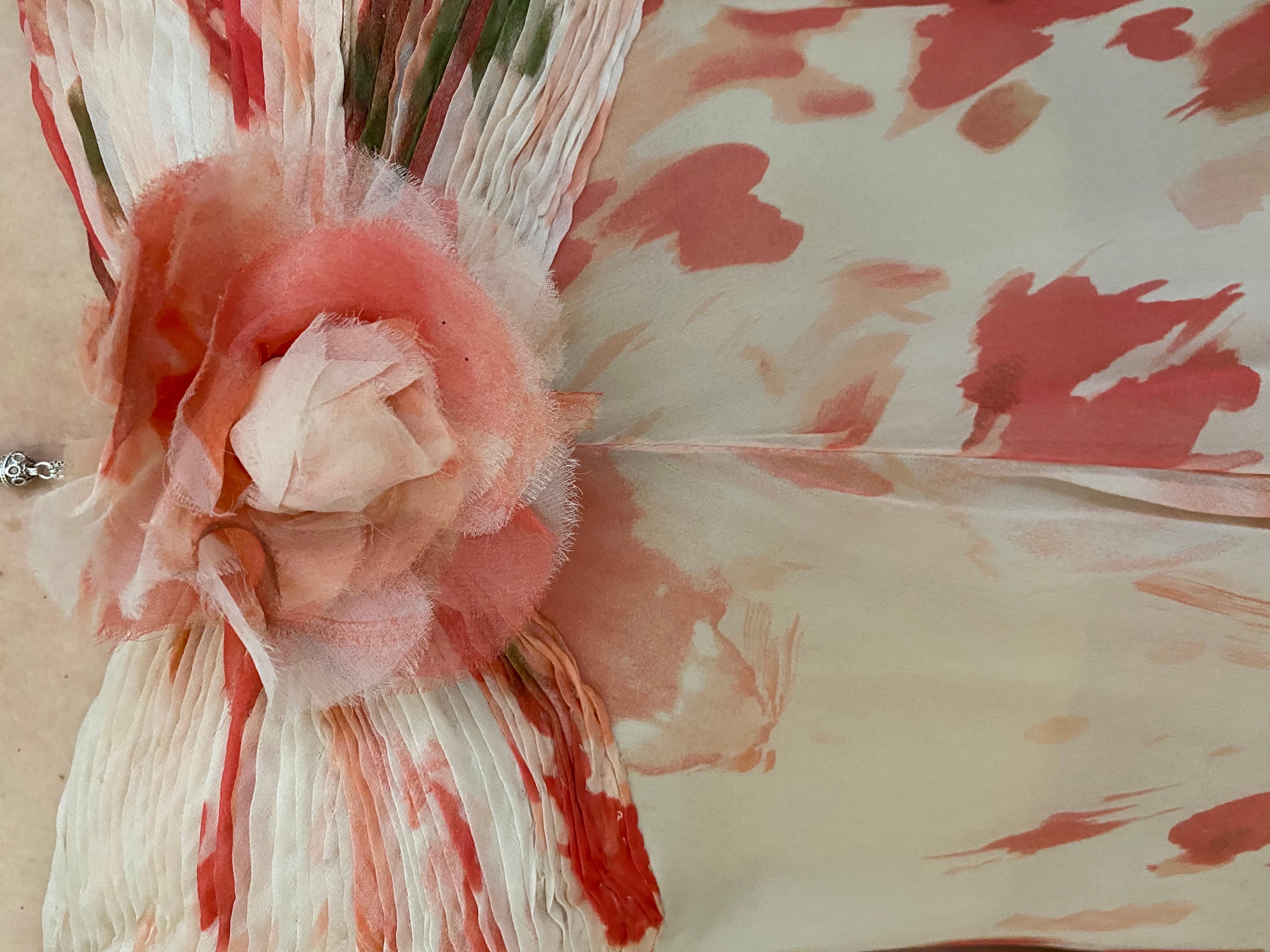 1990s Bill Blass Peach Water Color Floral Print Strapless Flowy Silk Dress For Sale 2