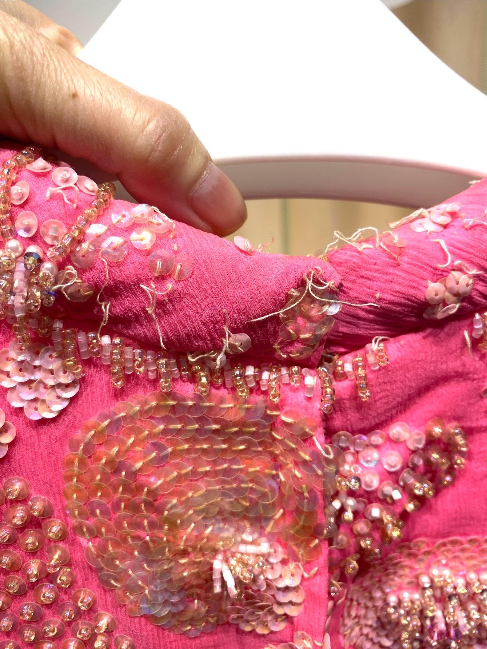 1960er Jahre Buble gum rosa Vintage Seide Perlen Pailletten Kleid 2