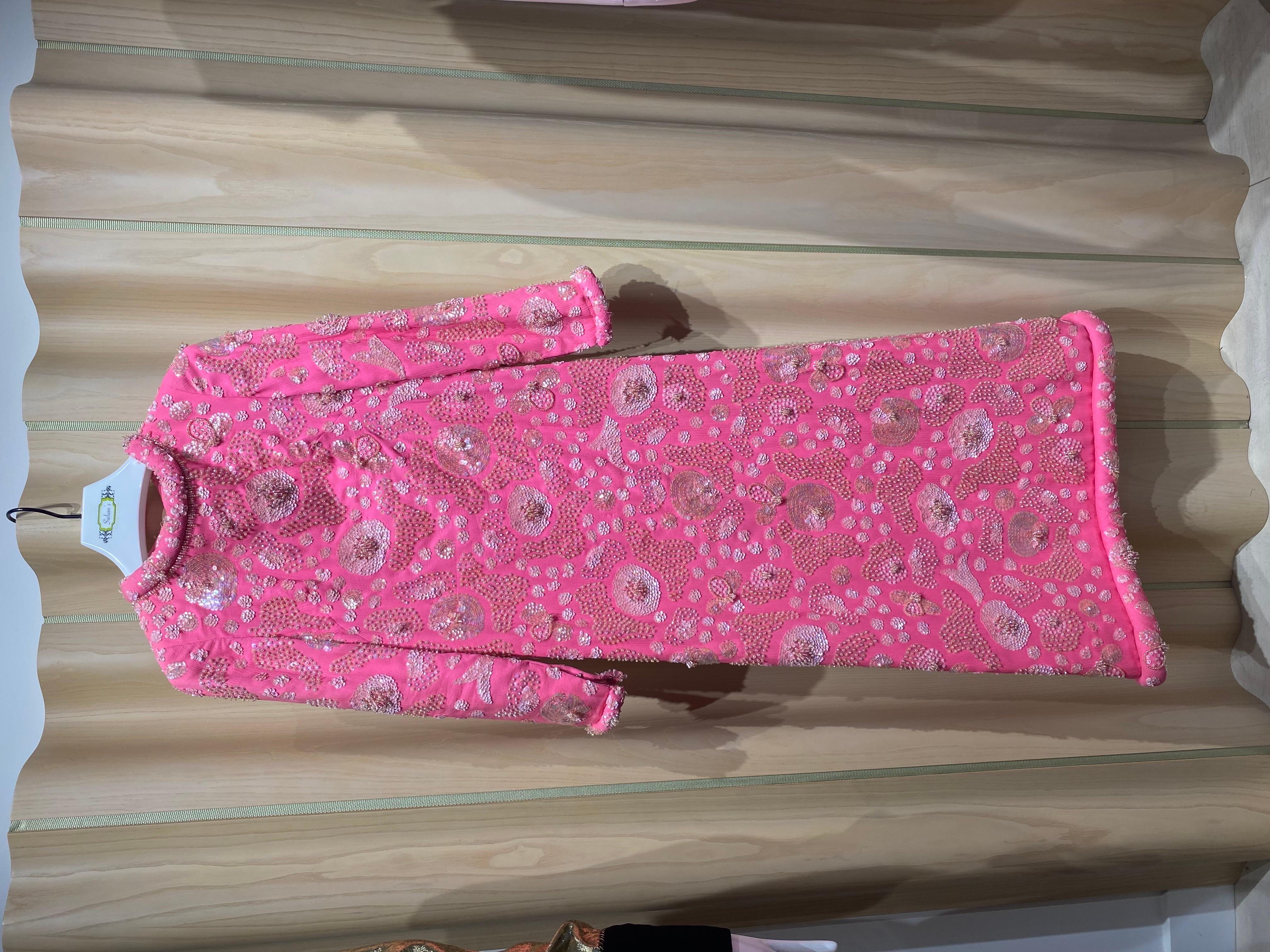 1960er Jahre Buble gum rosa Vintage Seide Perlen Pailletten Kleid 6
