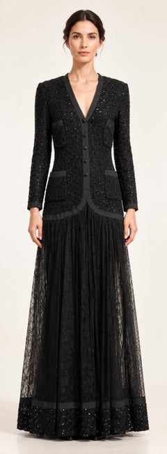 1983 Chanel Boutique Karl Lagerfeld Black Sequin Lace Evening Dress