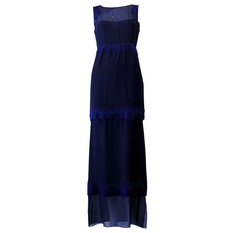 1998 CHANEL silk chiffon  black sleeveless dress with blue beads
Dress comes with silk cardigan.