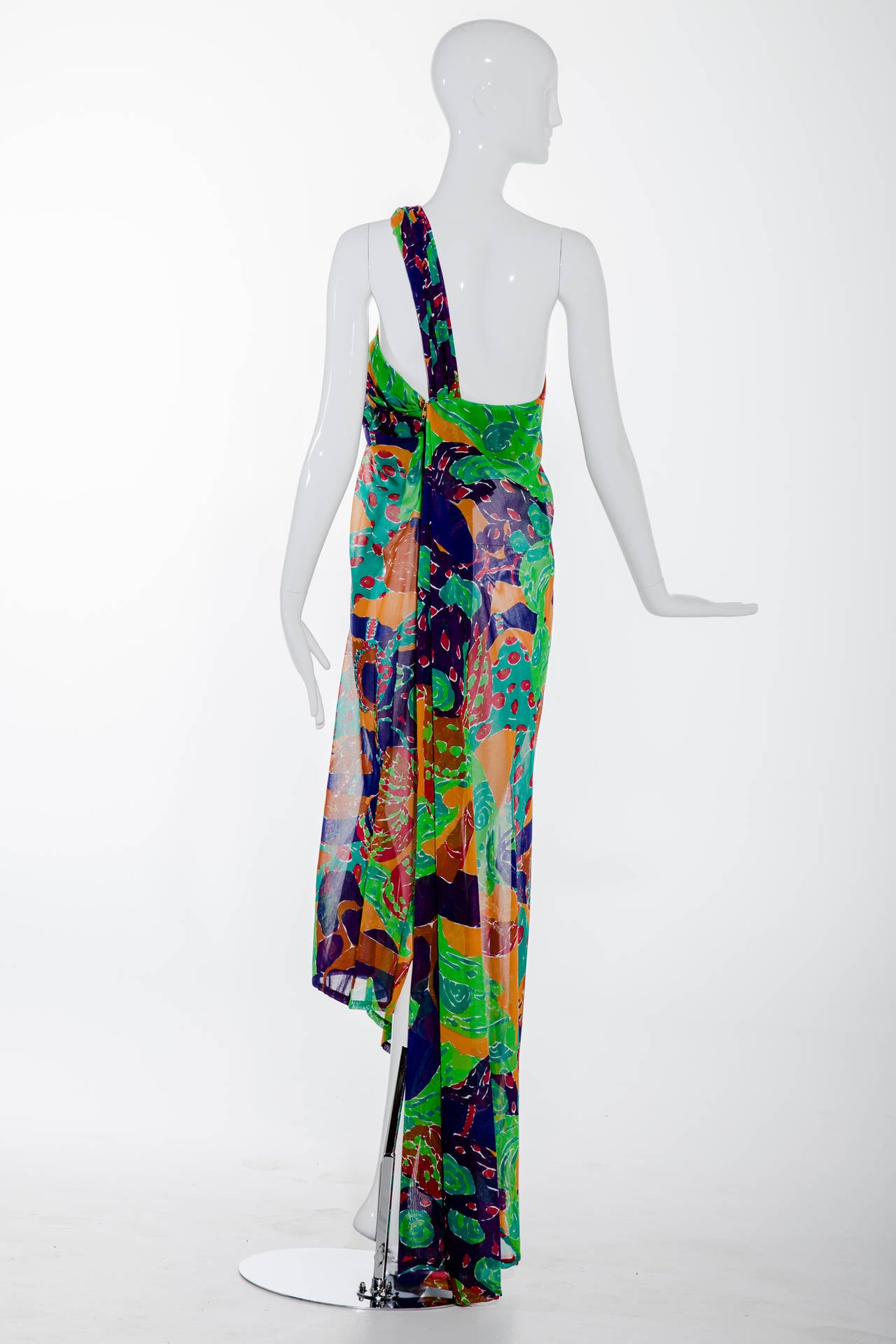 Women's 1990s Yves Saint Laurent Multi Color Cotton One Shoulder Dress Leon Bakst print 