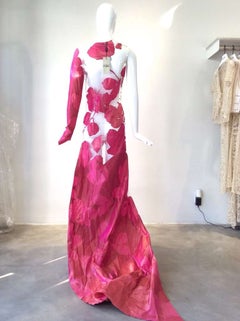 90s Gianfranco Ferre Hot Pink and Sheer Silk Floral Runway Gown