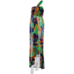 1990 Yves Saint Laurent Robe asymétrique en coton multicolore imprimé Leon Bakst