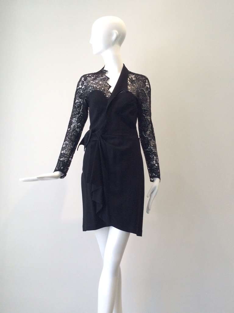 Sexy Vintage 1990s THIERRY MUGLER Black Lace Wrap 90s Dress