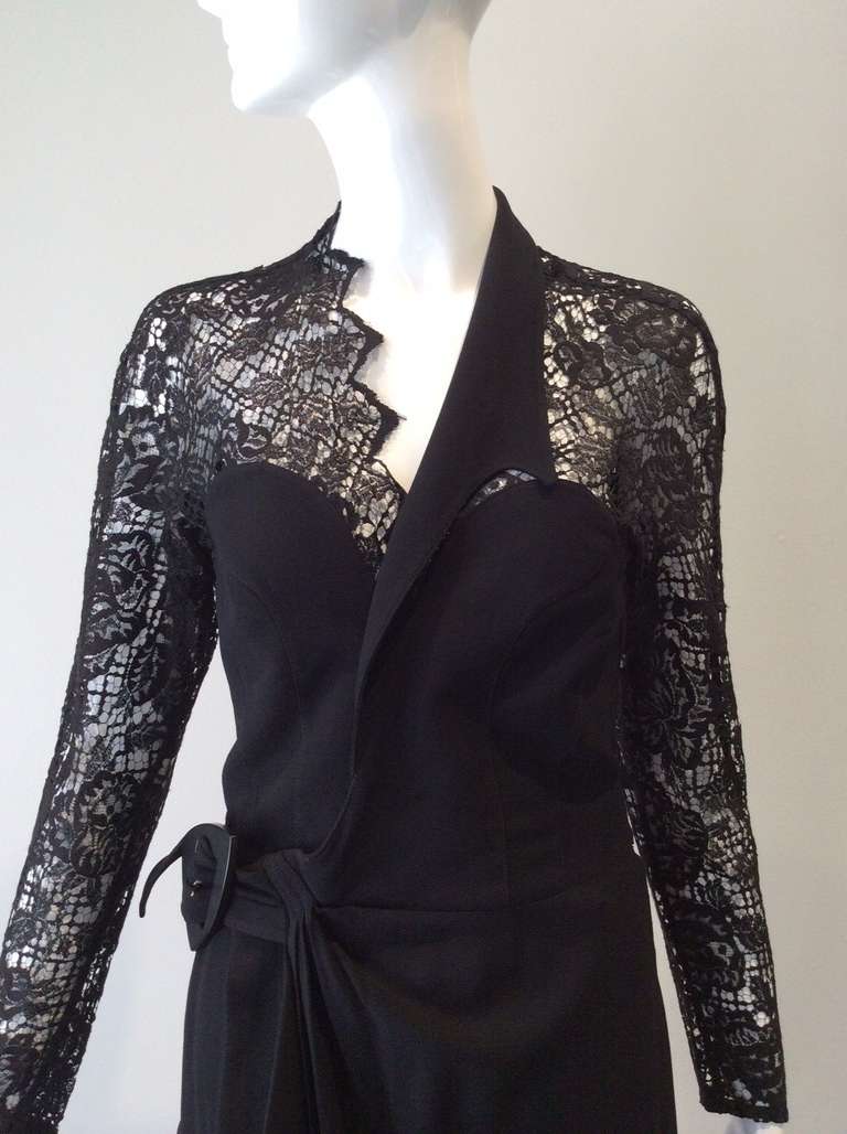 Sexy Vintage 1990s THIERRY MUGLER Black Lace Wrap 90s Dress In Excellent Condition In Beverly Hills, CA