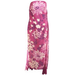 Retro 70s Hanae Mori Pink floral strapless gown