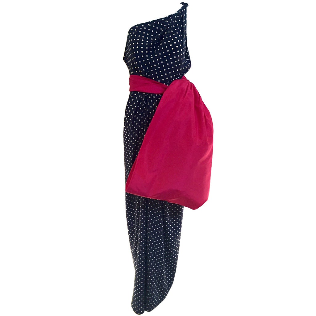Bill Blass Silk polka dot pink bow gown, 1980s 