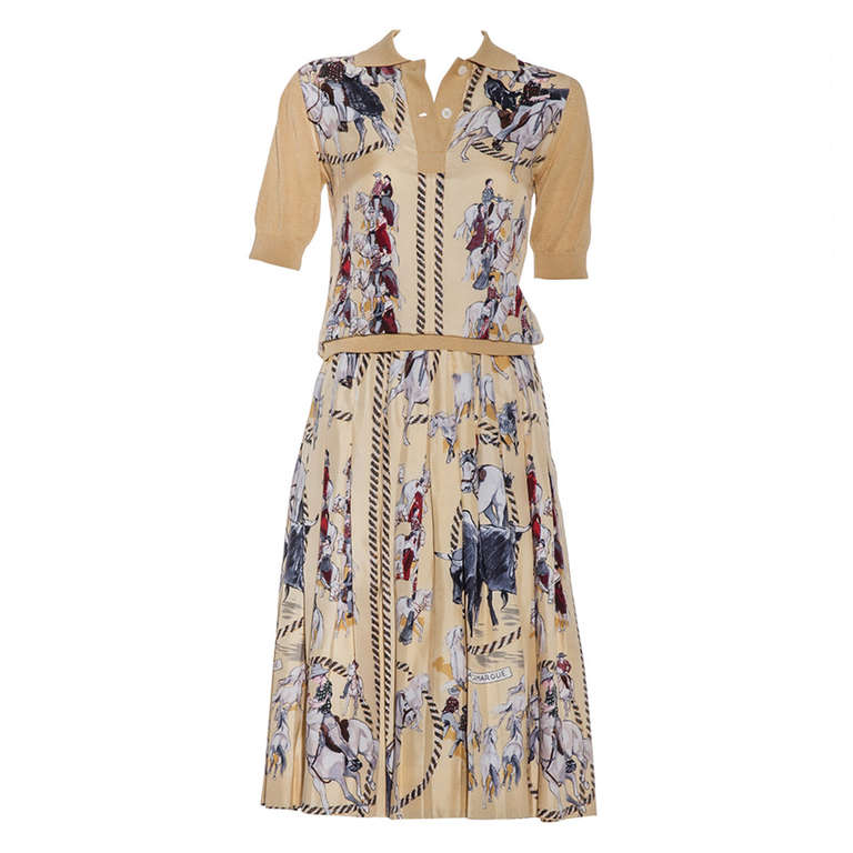 1970s HERMES Equestrian Print Silk Blouse and Skirt set at 1stDibs 