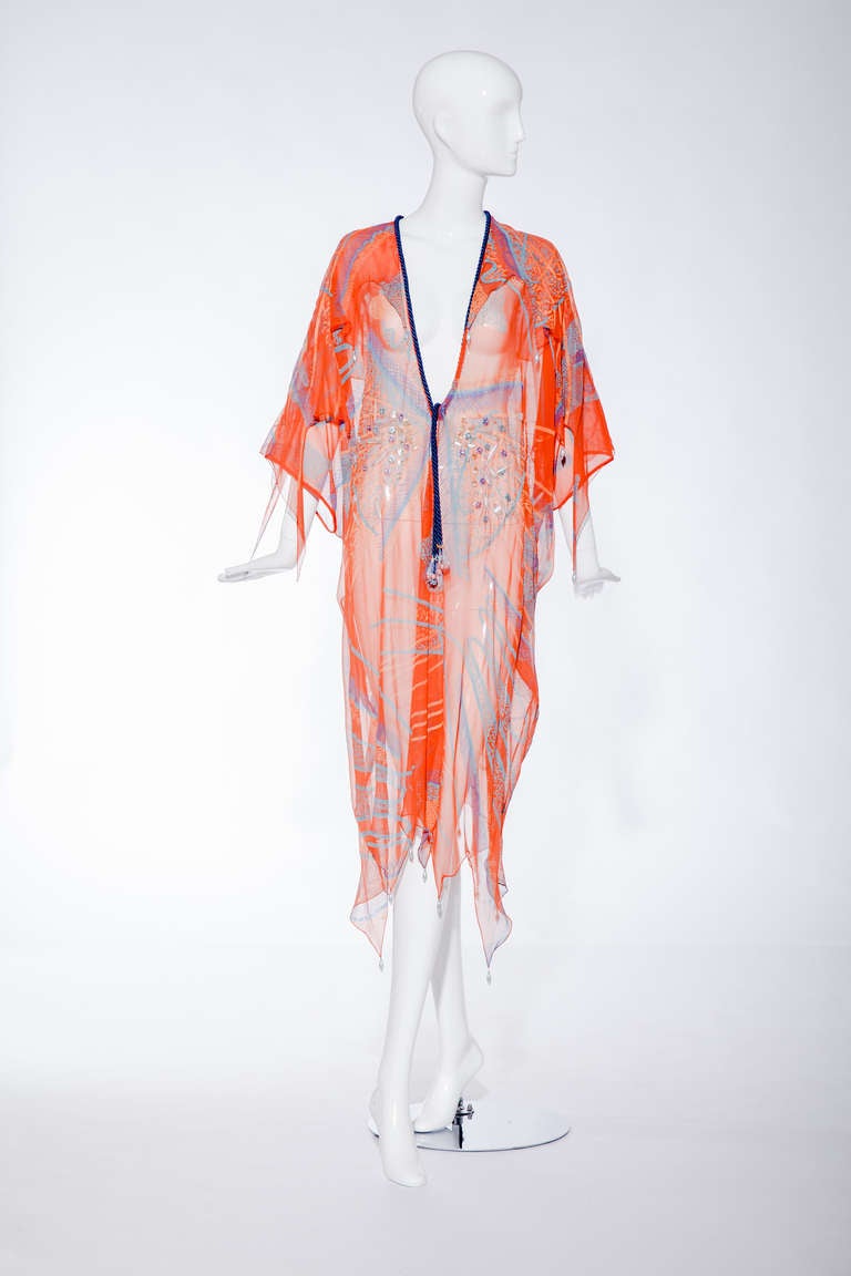  1970s Zandra Rhodes Orange Print Silk Caftan and Jersey Dress  In Good Condition For Sale In Beverly Hills, CA