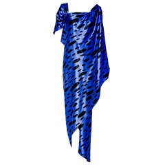 1990s SCAASI blue and black silk charmuse one shoulder gown 4