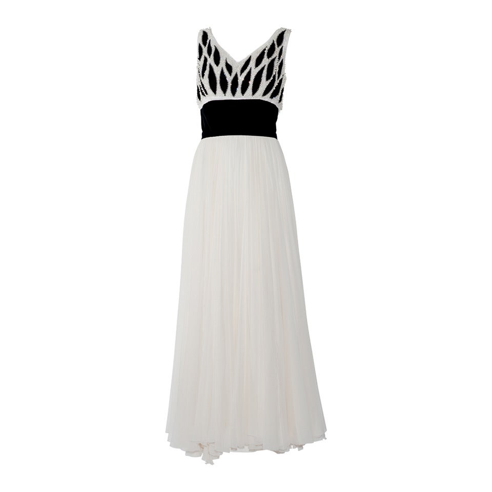 1950s Philip Hulitar Ivory and Black Velvet Pearl Encrusted Beaded Gown For Sale