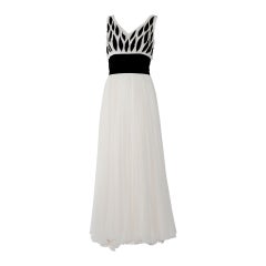 1950s Philip Hulitar Ivory and Black Velvet Pearl Encrusted Beaded Gown