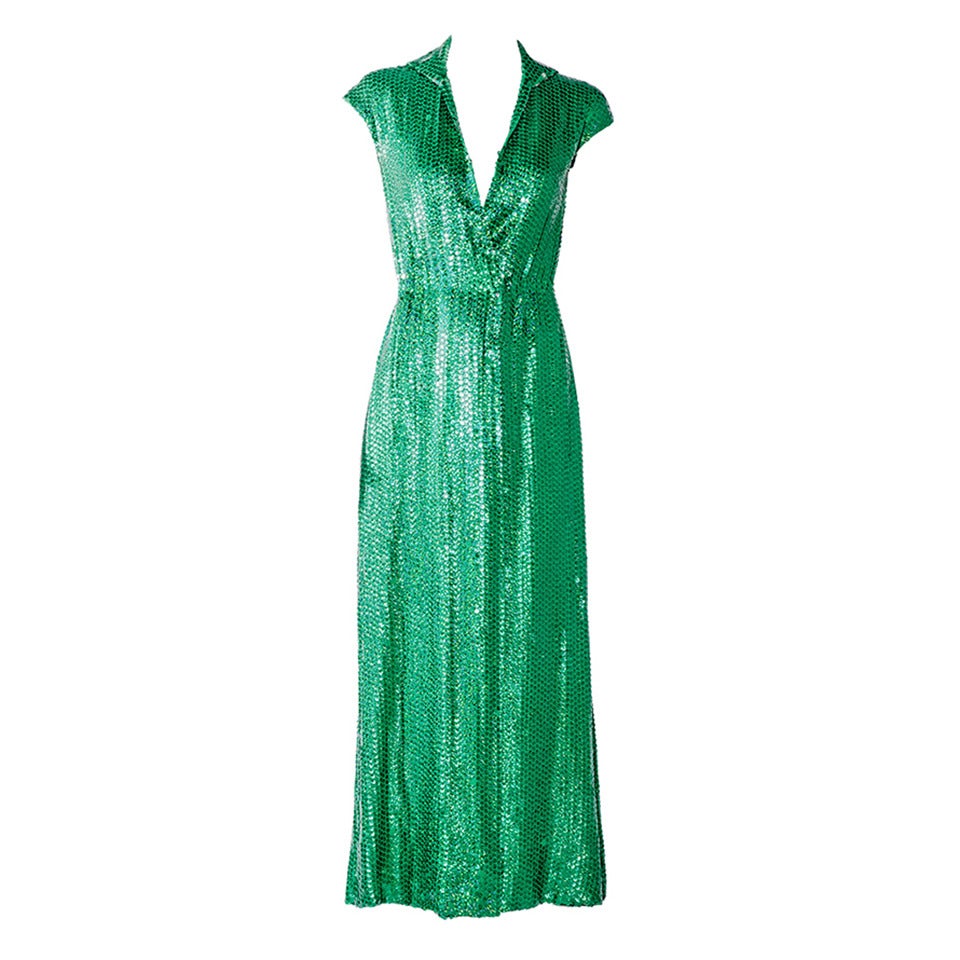 1970s Halston green sequin wrap dress