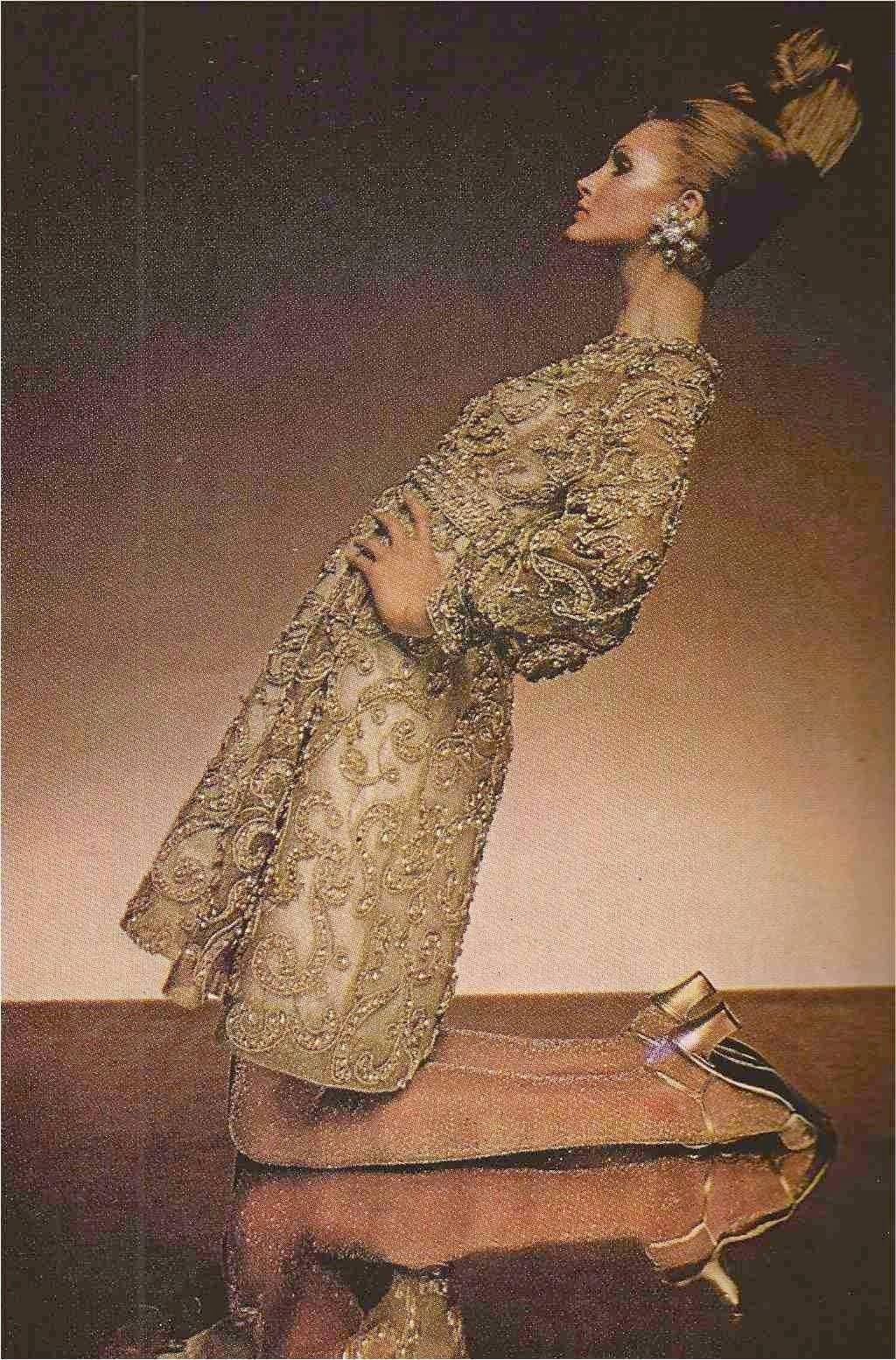 Late 60s beautiful Malcolm Starr gold tulle dress with silk corded embroidery.
Bust: 36