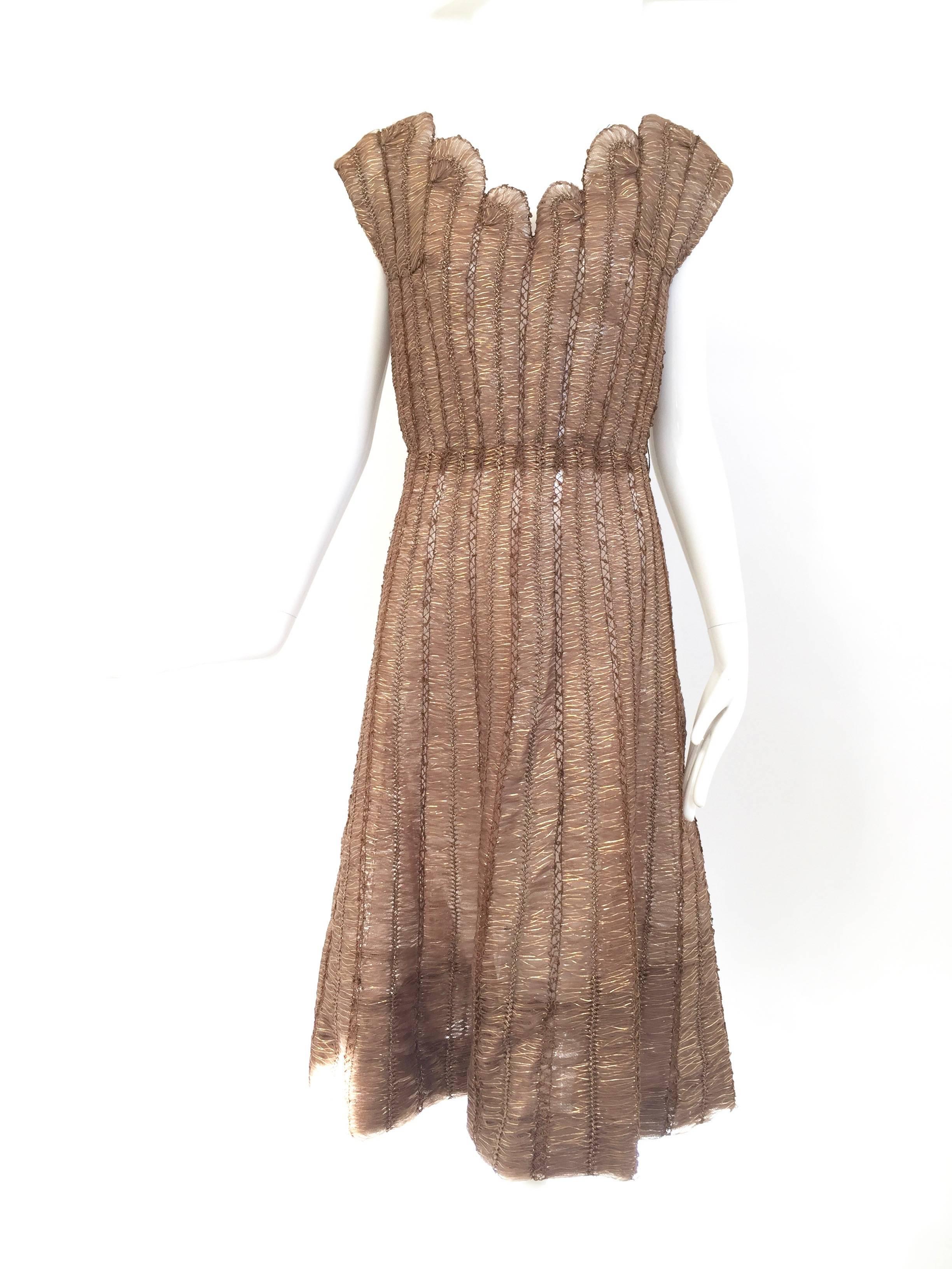 Women's 1950s Metallic Brown Silk Raffia Cocktail Dress