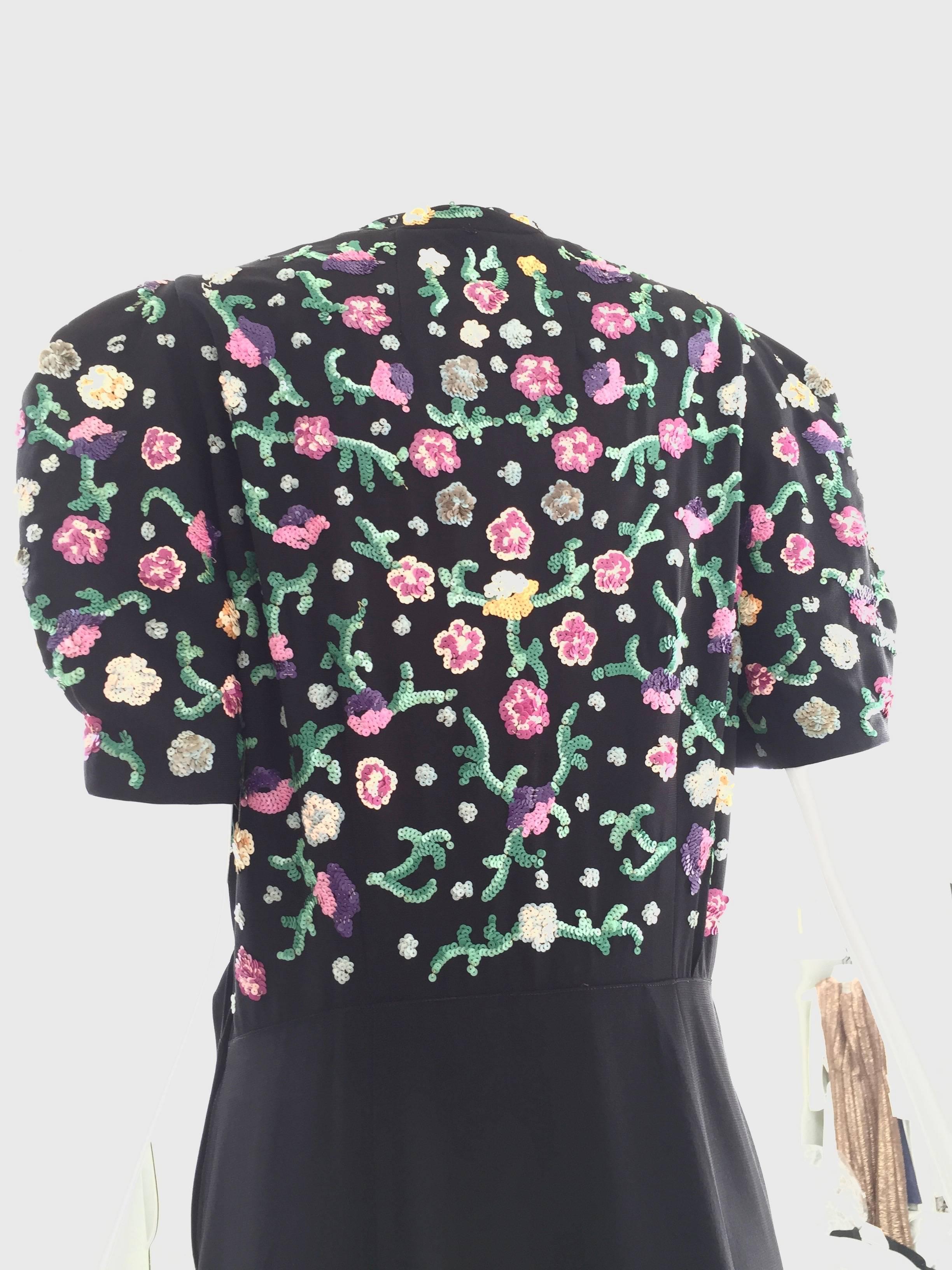 1940s Black crepe dress with multi color floral sequins In Good Condition In Beverly Hills, CA