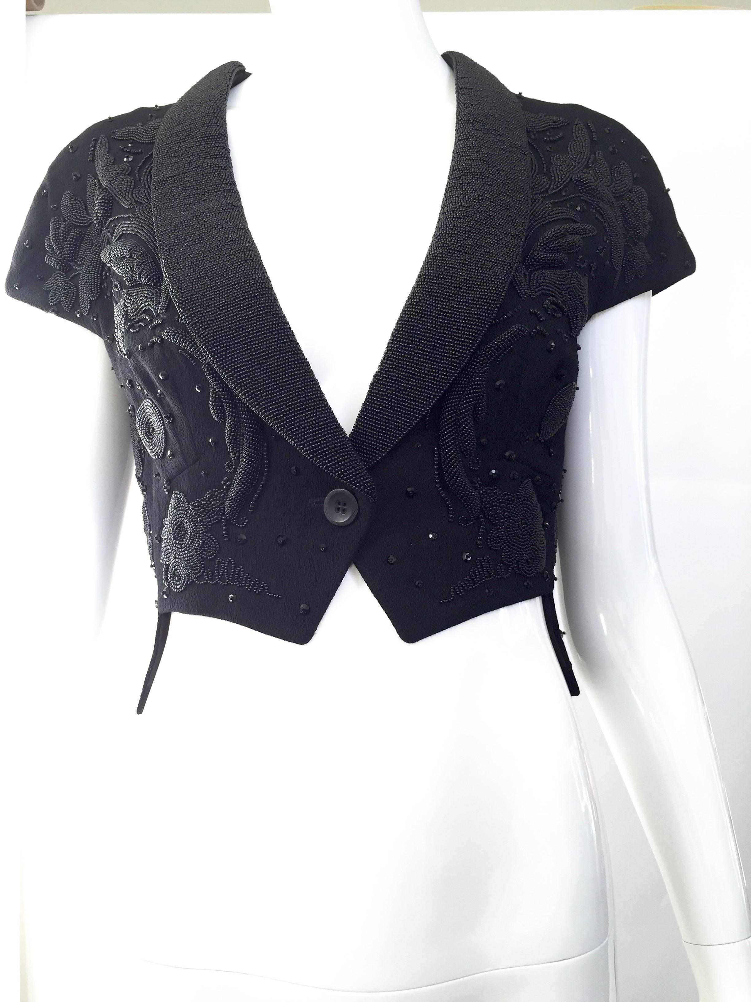 Jil Sander black embroidered beaded crop top In Excellent Condition For Sale In Beverly Hills, CA