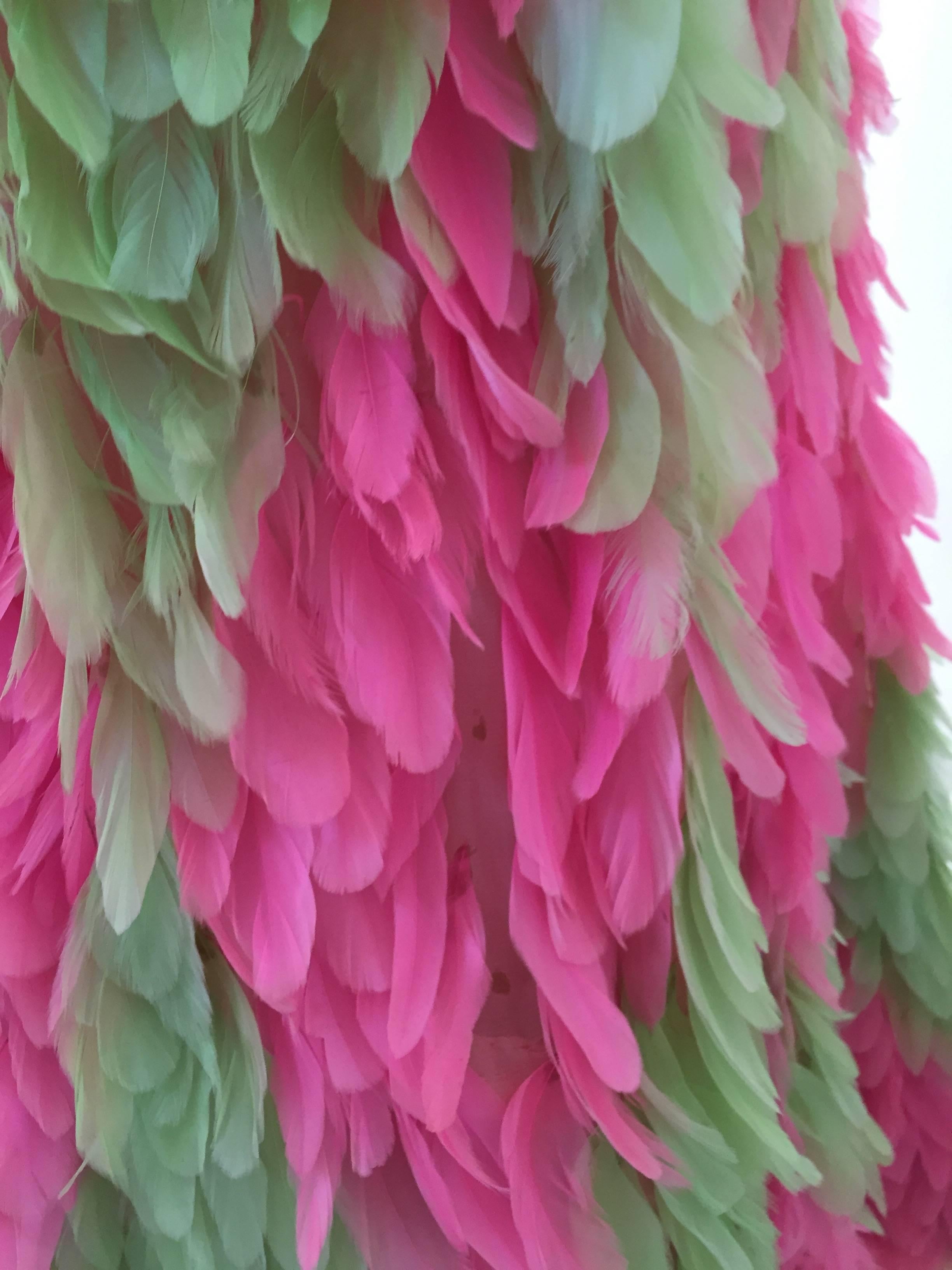 RARE GALANOS 1960s Pink and Green feather dress ( documented)  1