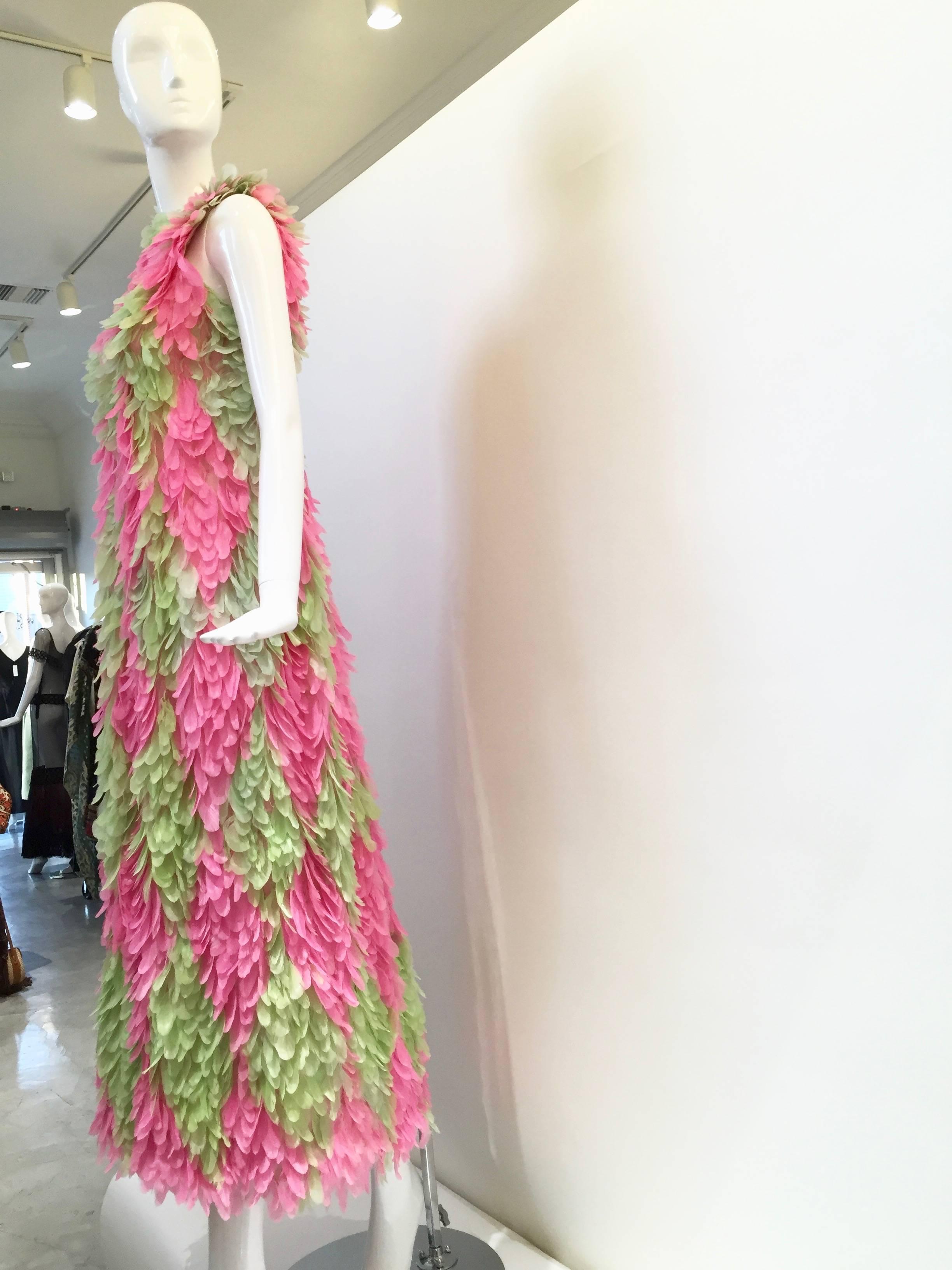 RARE GALANOS 1960s Pink and Green feather dress ( documented)  In Good Condition In Beverly Hills, CA