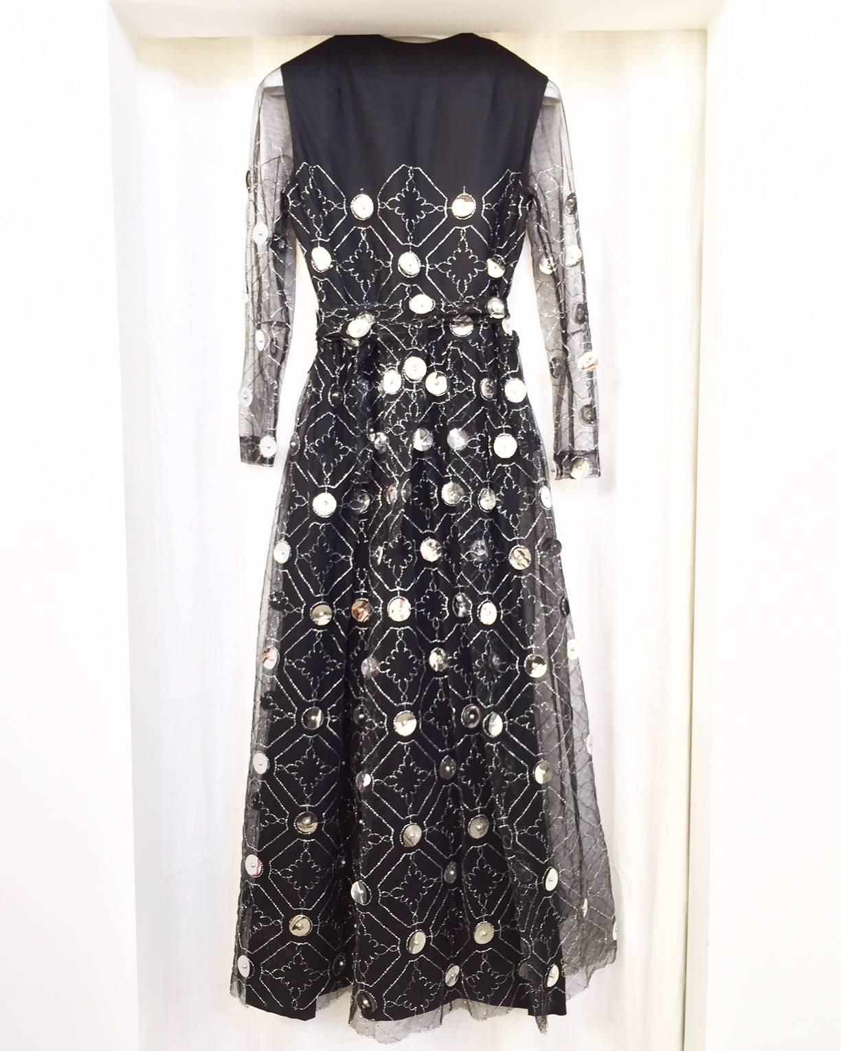 1970s Oscar De La Renta black and silver paillette dress In Excellent Condition For Sale In Beverly Hills, CA