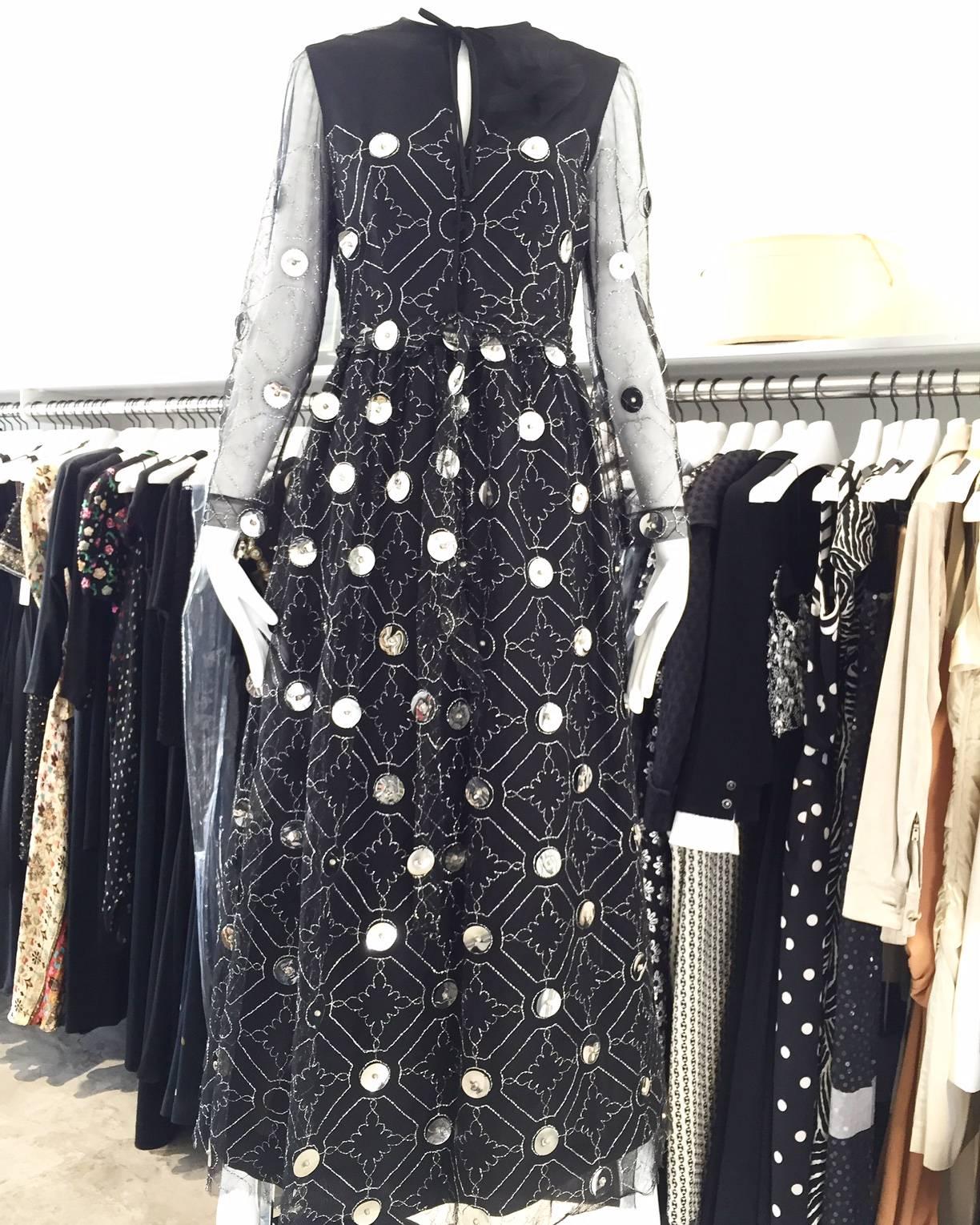 Black 1970s Oscar De La Renta black and silver paillette dress For Sale