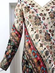 1970s Malcolm Starr gold metallic print maxi dress