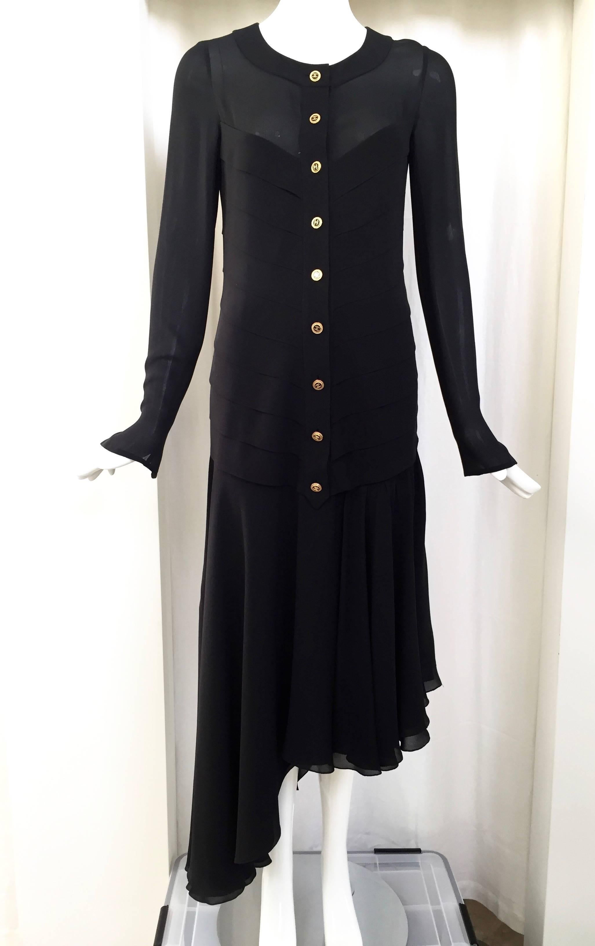 Women's 1980s Chanel Black Silk Dress with Asymmetrical Hem