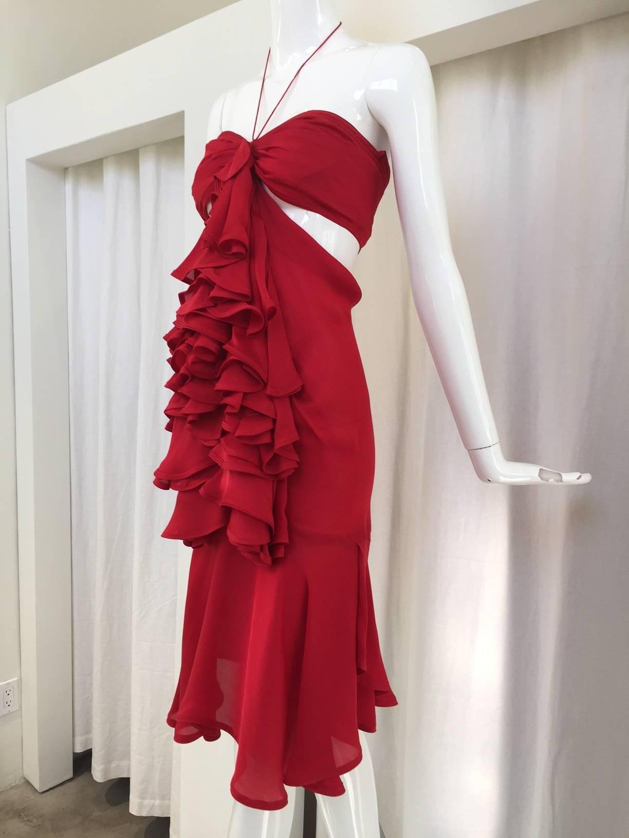 Yves Saint Laurent by Tom Ford Rotes Seidenrüschenkleid 1