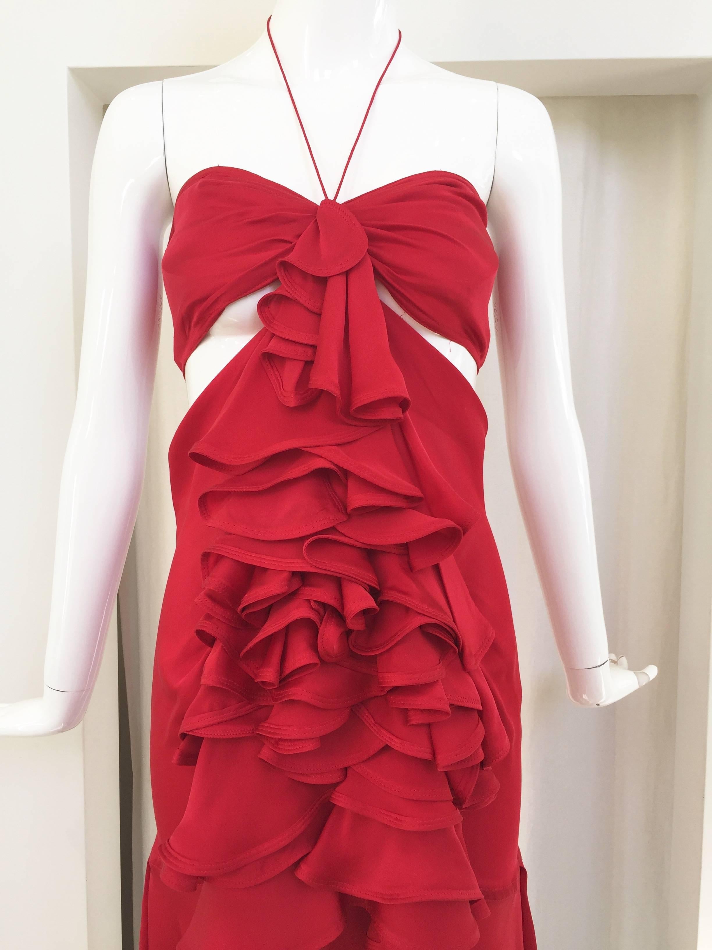 Yves Saint Laurent by Tom Ford red silk ruffle dress In Good Condition In Beverly Hills, CA